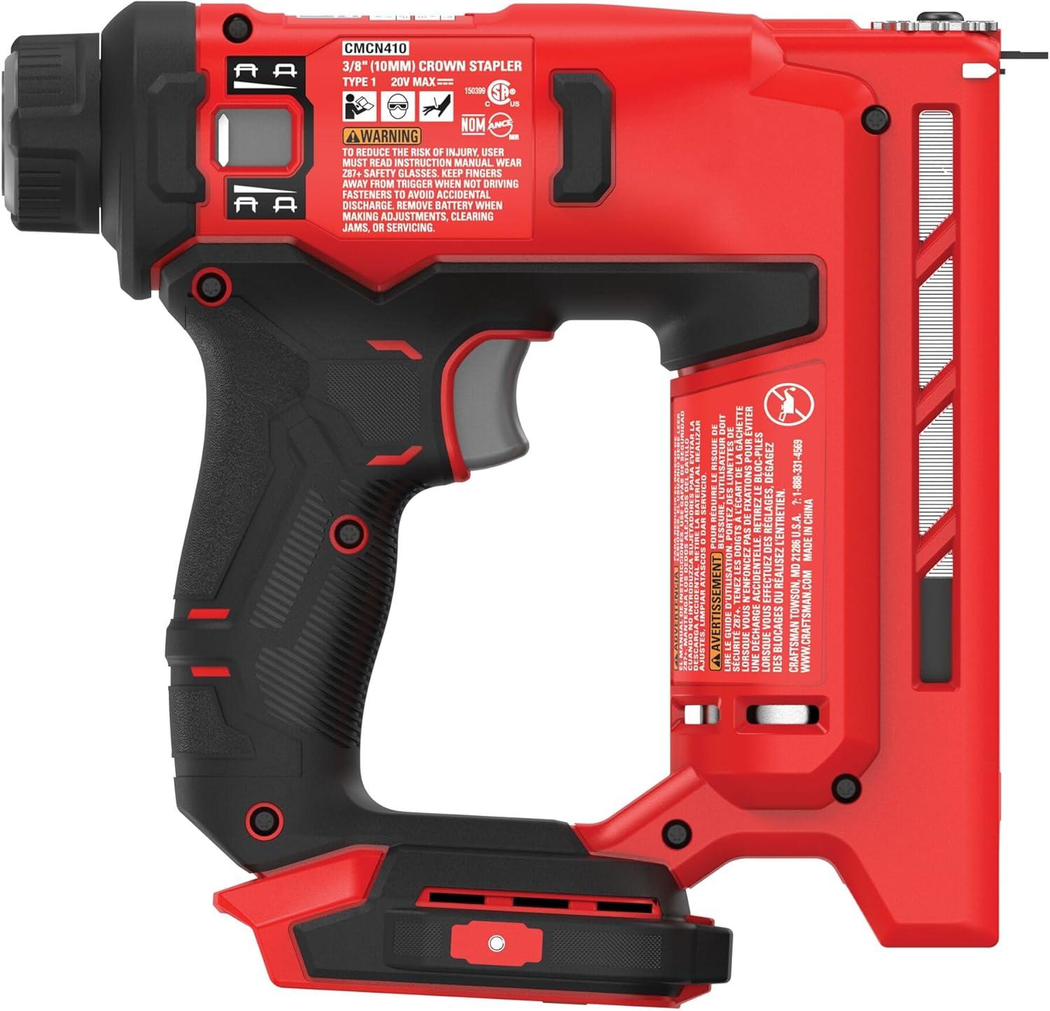 imageCRAFTSMAN V20 Staple Gun 38 in Wide Crown Stapler Cordless Staple Gun Battery Powered Tool Only CMCN410B