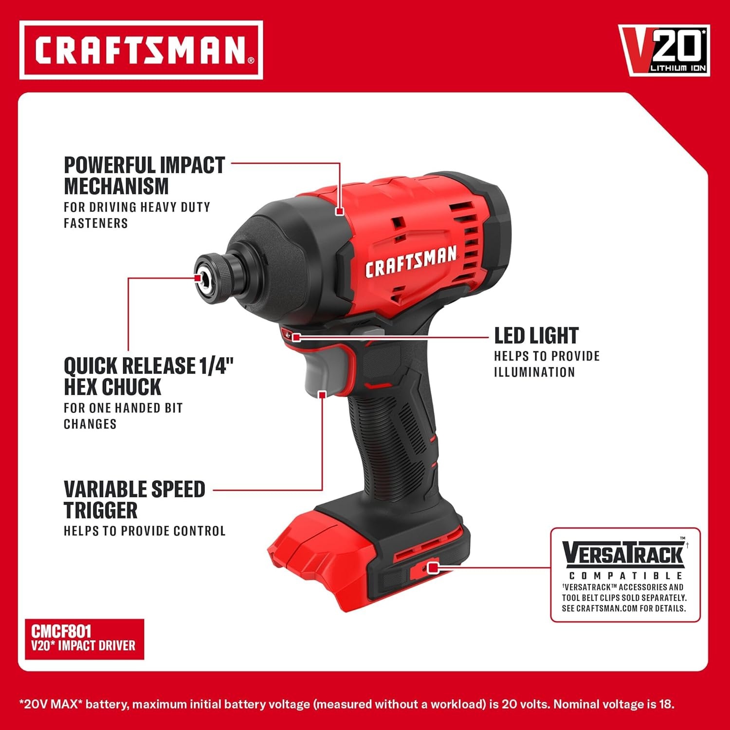 imageCRAFTSMAN V20 Cordless Drill Driver and Impact Driver 2 x 2Ah Lithium Ion Battery and Charger Two Power Tools 1700 RPM 12 In Electric Drill 1800 Torque 14 Impact Screwdriver CMCK201D2