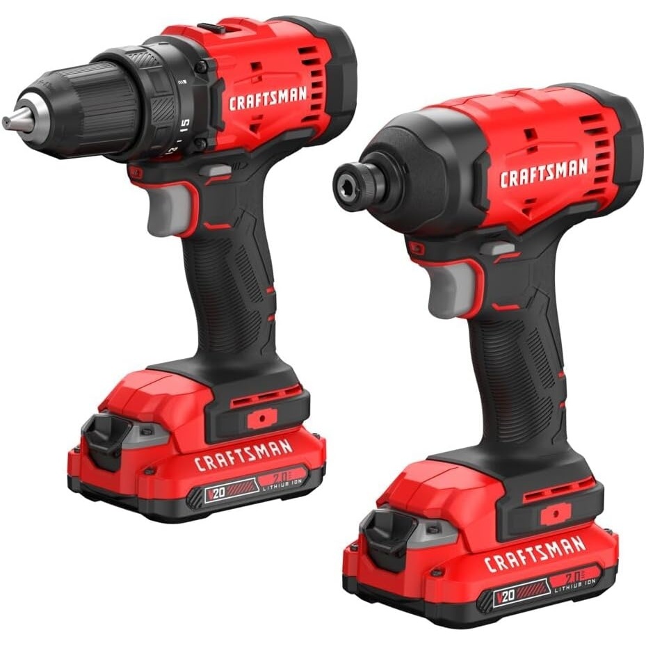 imageCRAFTSMAN V20 Cordless Drill Driver and Impact Driver 2 x 2Ah Lithium Ion Battery and Charger Two Power Tools 1700 RPM 12 In Electric Drill 1800 Torque 14 Impact Screwdriver CMCK201D2