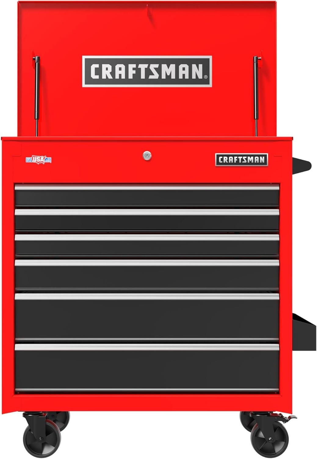 imageCRAFTSMAN Rolling Cart with Drawers Full Bank Utility Cart Six SoftClose Drawers Tool Chest Power Outlets Side Tray Heavy Duty Casters 37 x 21 x 41 Inch Red CMSTUC06RBRed