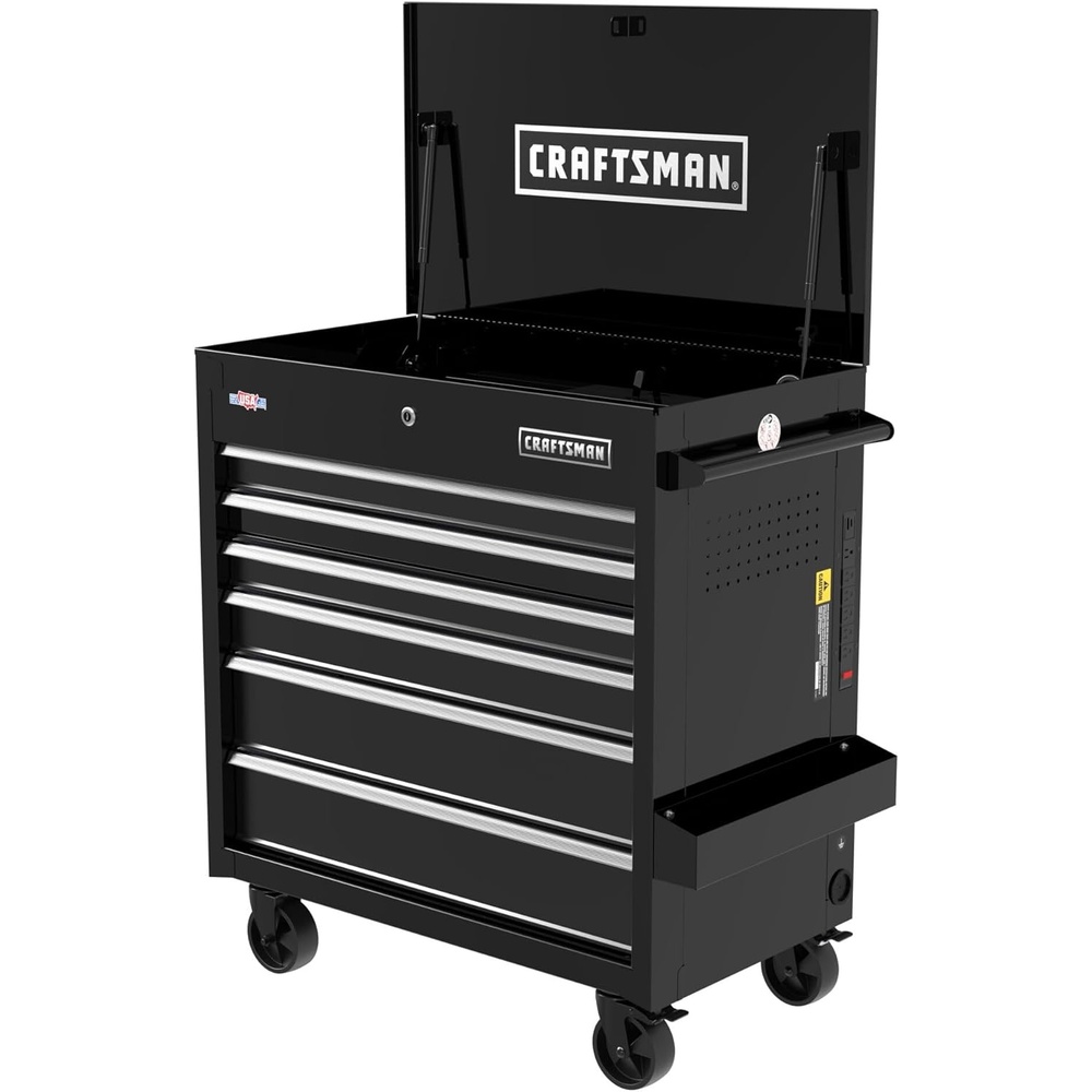 imageCRAFTSMAN Rolling Cart with Drawers Full Bank Utility Cart Six SoftClose Drawers Tool Chest Power Outlets Side Tray Heavy Duty Casters 37 x 21 x 41 Inch Red CMSTUC06RBBlack