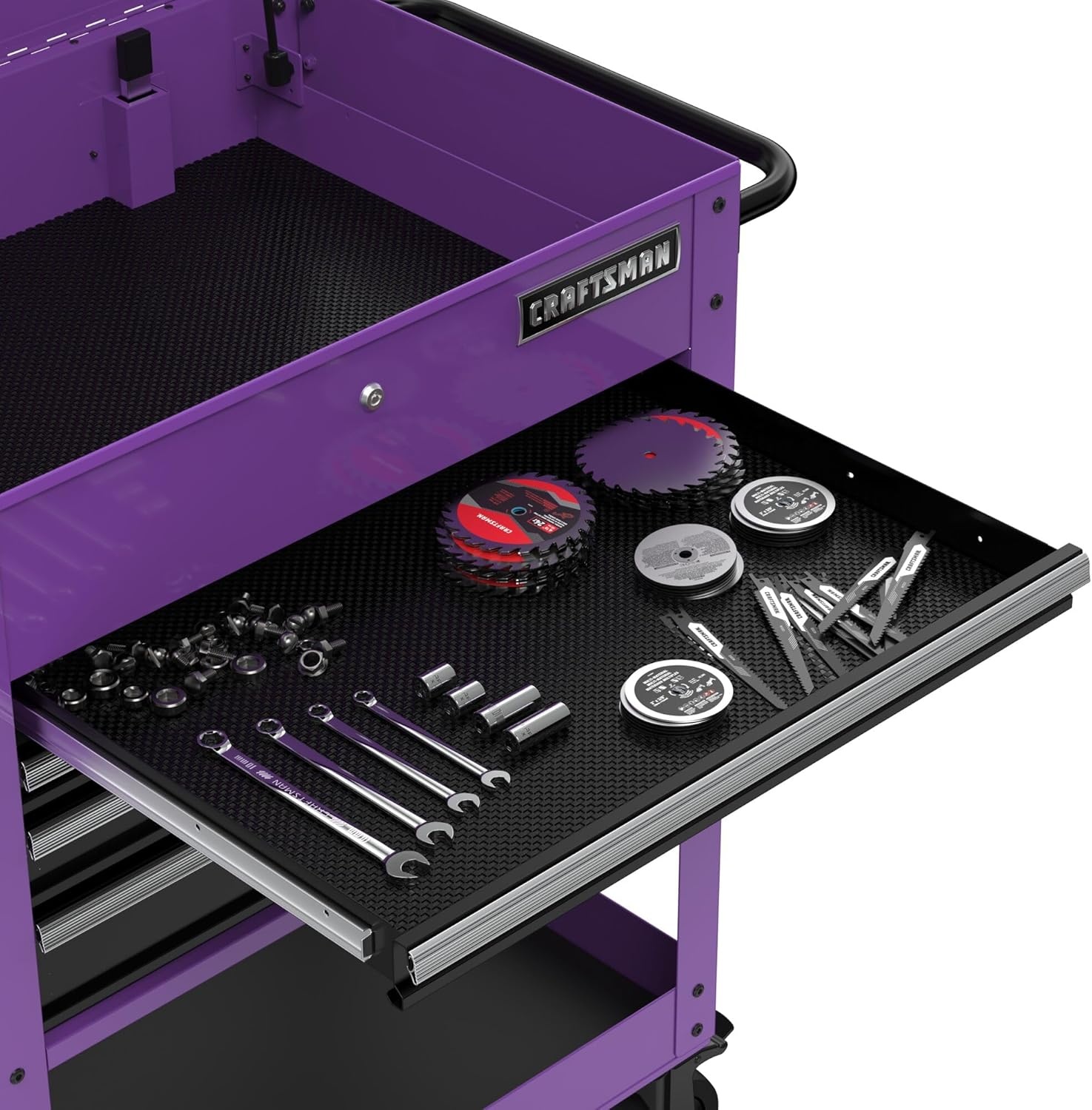 image:imageCRAFTSMAN Rolling Tool Chest with Drawers Tool Box with Wheels and 4 Drawers Power Outlets and USB Protective Liner Steel Utility Cart Storage Cabinet Supports up to 700 lbs White CMST98276WWPurple