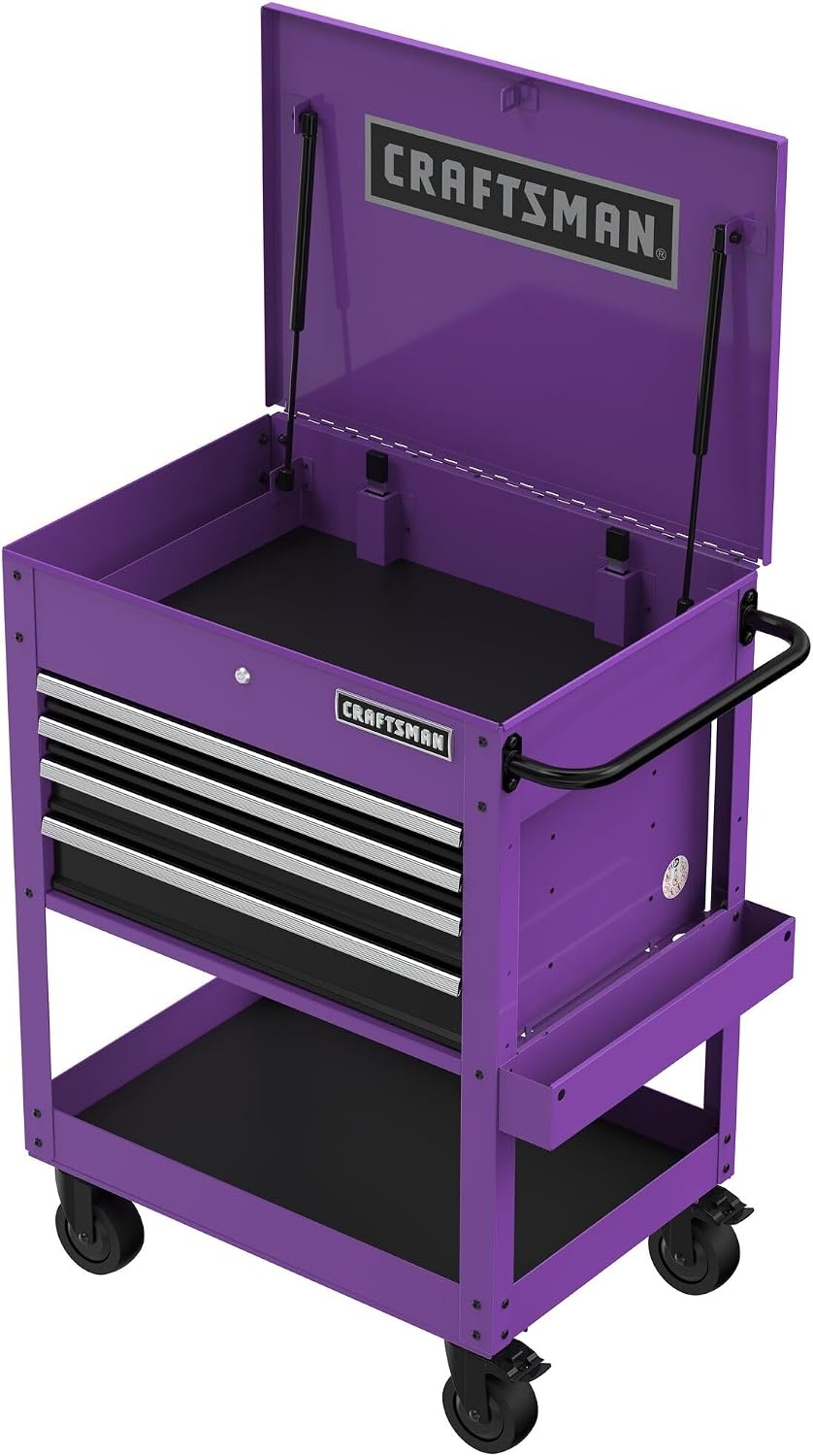 image:imageCRAFTSMAN Rolling Tool Box with Drawers Tool Cart on Wheels with Power Outlets and USB Port Protective Liner Steel Rolling Cart Locking Storage Cabinet 22 Inch Deep 4 Drawers Black CMST98276BKPurple