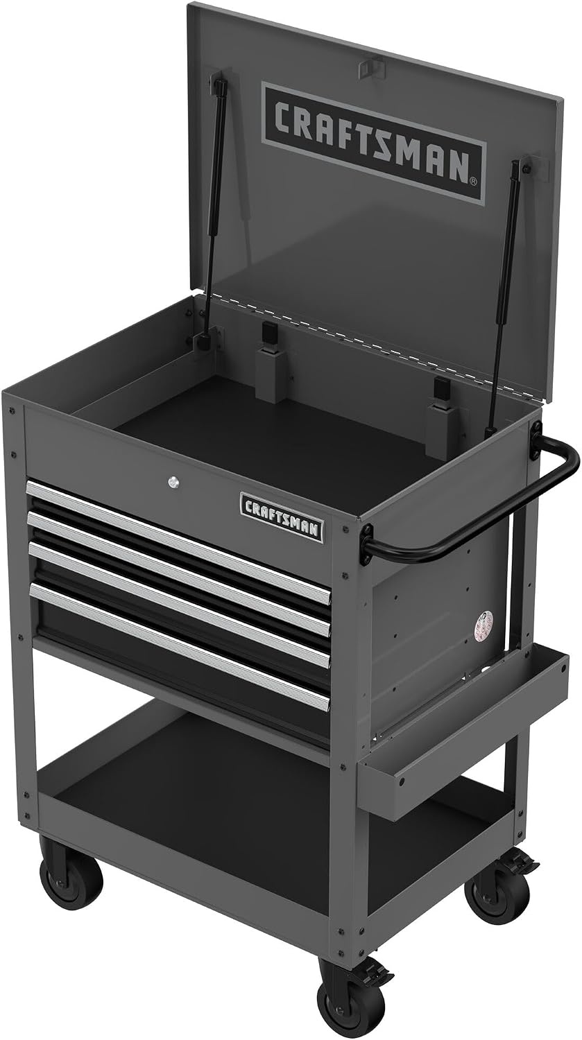 image:imageCRAFTSMAN Rolling Tool Box with Drawers Tool Cart on Wheels with Power Outlets and USB Port Protective Liner Steel Rolling Cart Locking Storage Cabinet 22 Inch Deep 4 Drawers Black CMST98276BKGrey