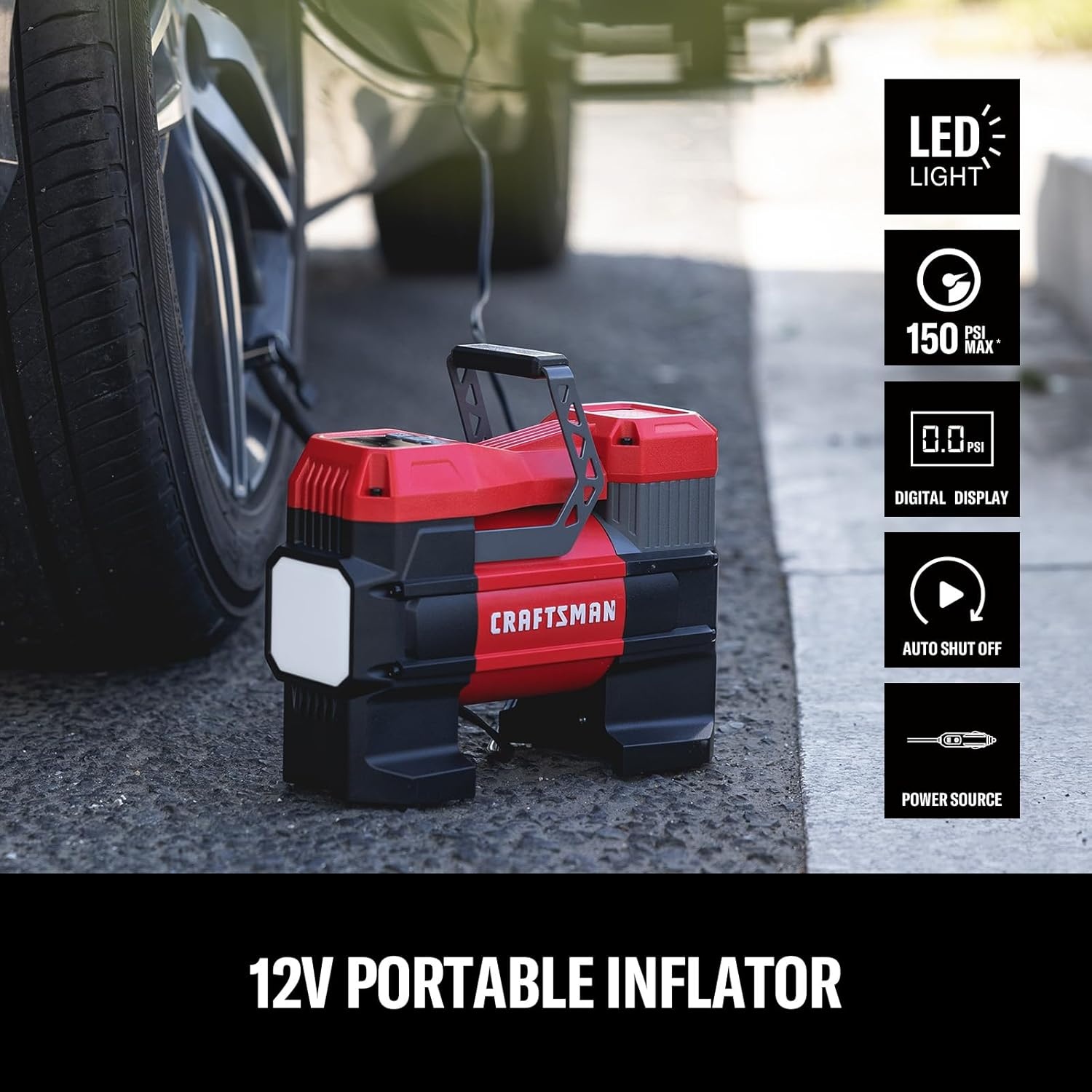 image:imageCRAFTSMAN 12V Tire Inflator Portable Air Compressor Up to 150 PSI with Digital Gauge amp Auto ShutOff LED Light 12V DC Car Plug Compact Air Pump for Car Tires Bikes amp Sports
