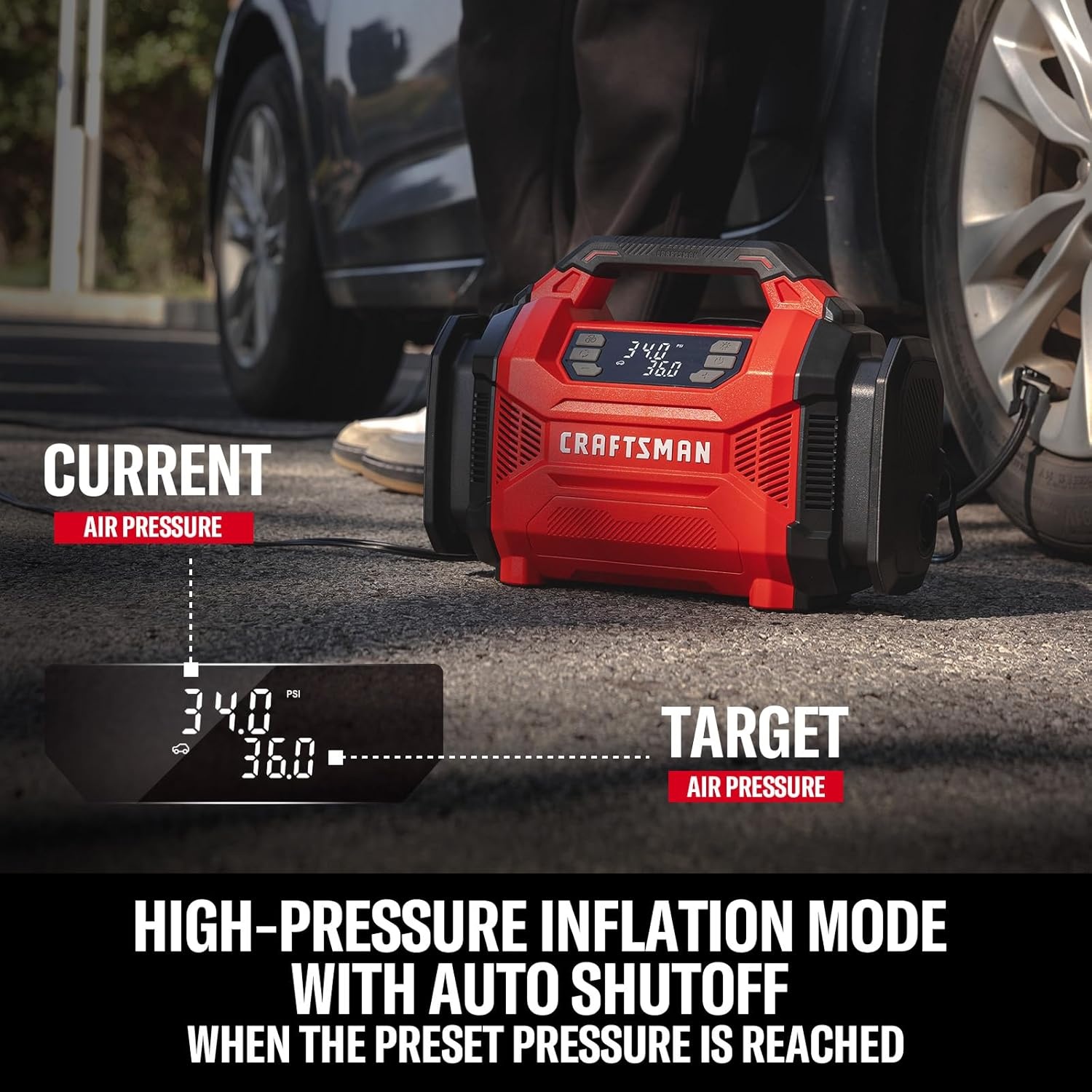 image:imageCRAFTSMAN Dual Power Tire Inflator Portable Air Compressor 12V DC Car Plug amp 120V AC Home Use Up to 150 PSI with Digital Gauge amp Auto ShutOff LED Light Air Pump for Cars Bikes amp InflatablesDual Power