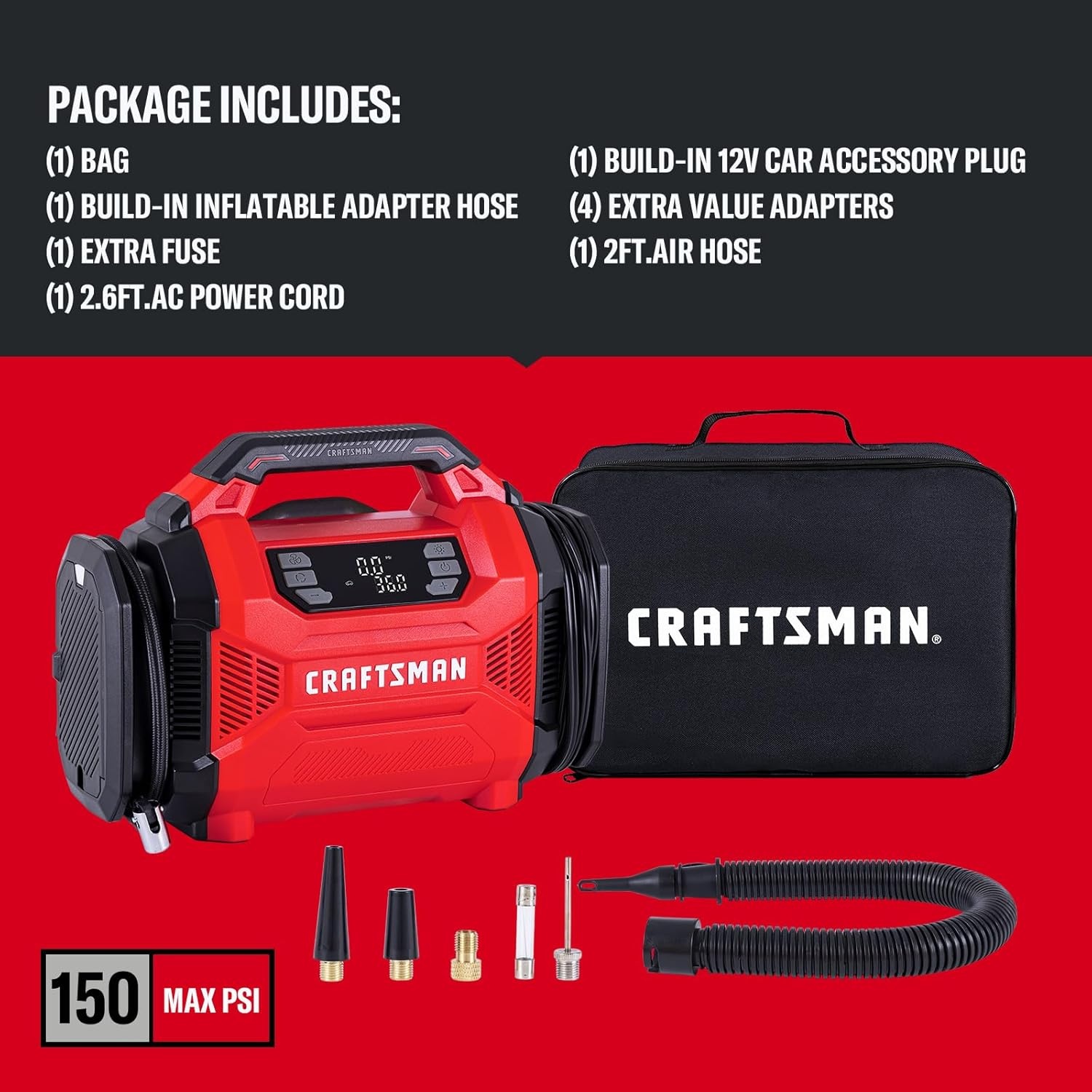 image:imageCRAFTSMAN Dual Power Tire Inflator Portable Air Compressor 12V DC Car Plug amp 120V AC Home Use Up to 150 PSI with Digital Gauge amp Auto ShutOff LED Light Air Pump for Cars Bikes amp InflatablesDual Power