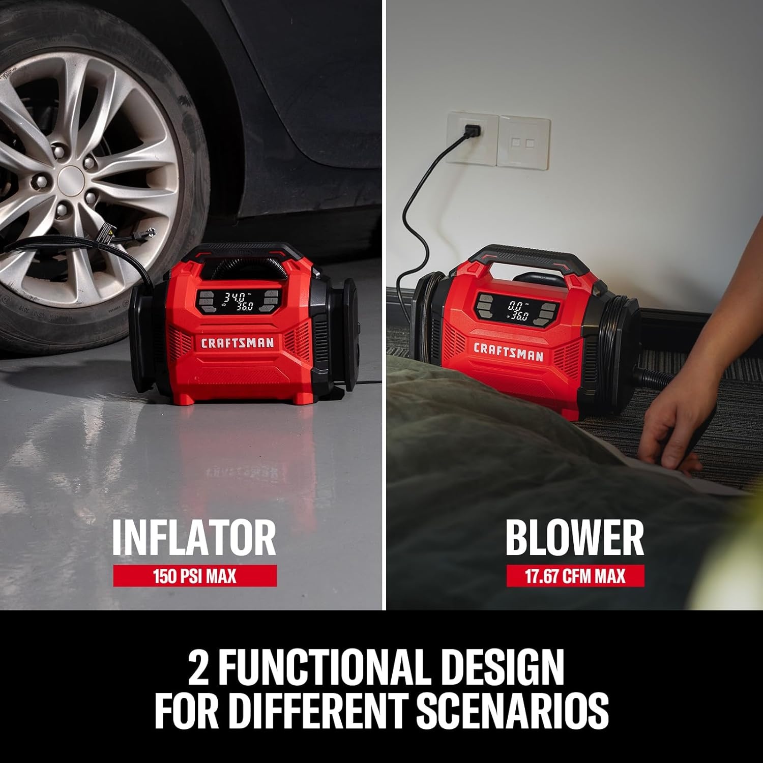 image:imageCRAFTSMAN Dual Power Tire Inflator Portable Air Compressor 12V DC Car Plug amp 120V AC Home Use Up to 150 PSI with Digital Gauge amp Auto ShutOff LED Light Air Pump for Cars Bikes amp InflatablesDual Power