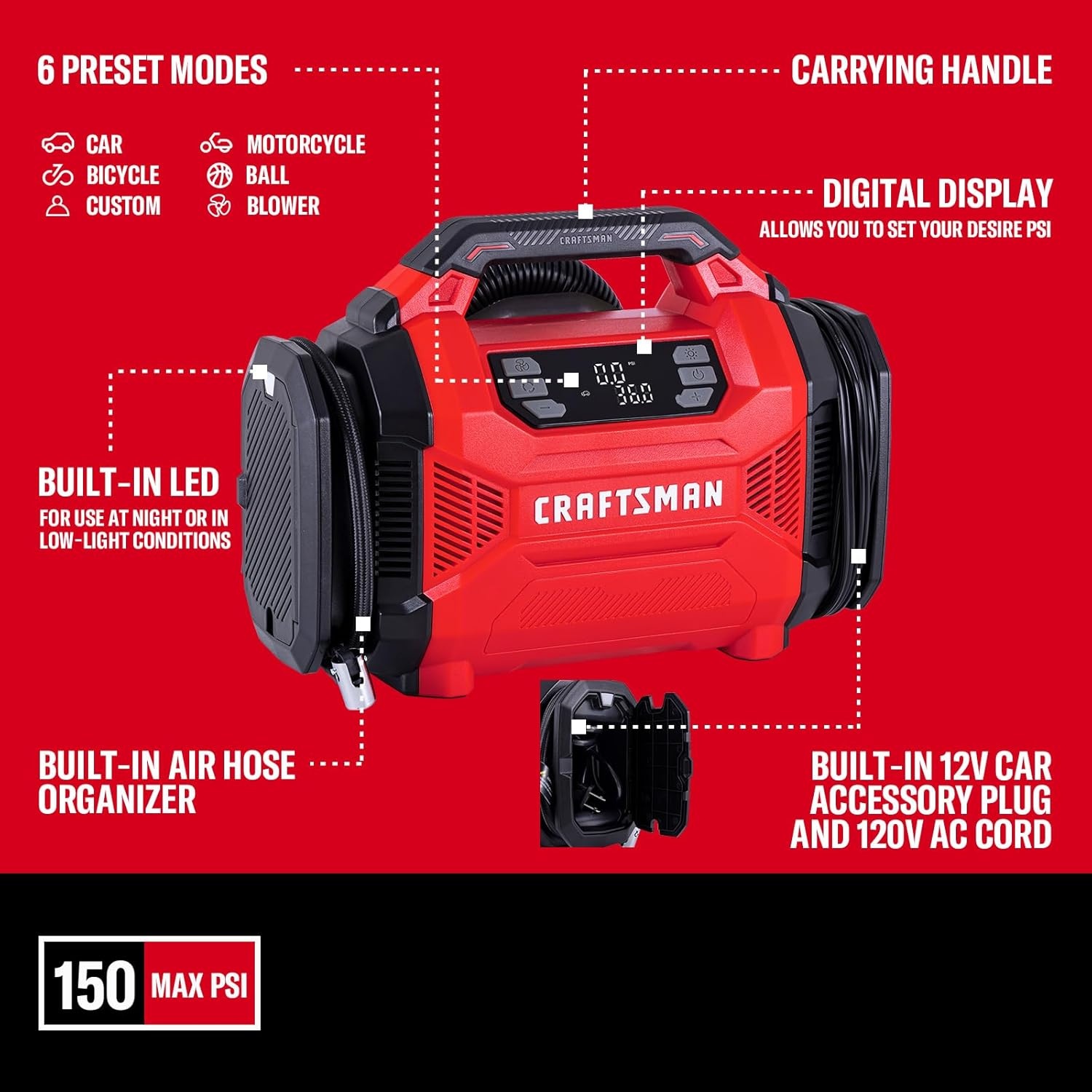 image:imageCRAFTSMAN Dual Power Tire Inflator Portable Air Compressor 12V DC Car Plug amp 120V AC Home Use Up to 150 PSI with Digital Gauge amp Auto ShutOff LED Light Air Pump for Cars Bikes amp InflatablesDual Power
