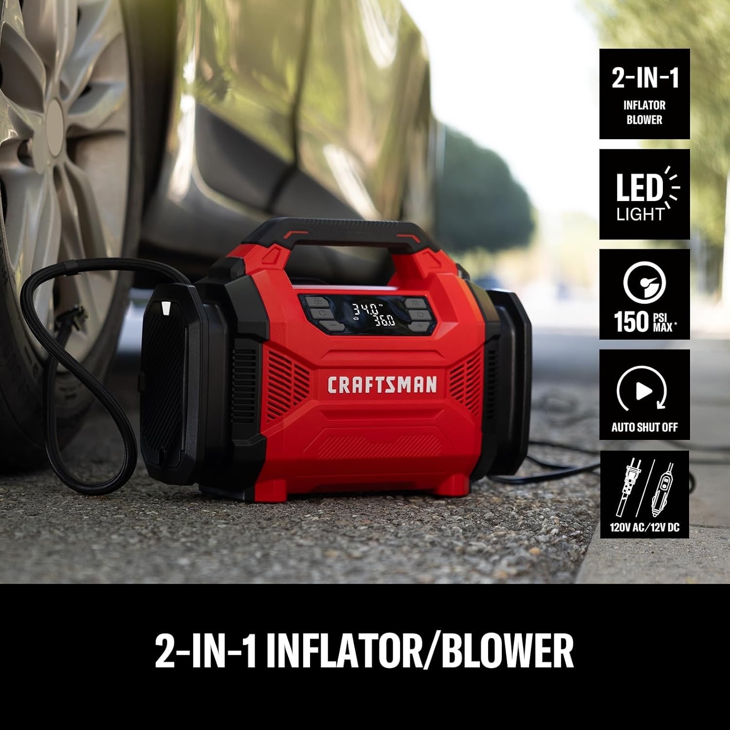 image:imageCRAFTSMAN Dual Power Tire Inflator Portable Air Compressor 12V DC Car Plug amp 120V AC Home Use Up to 150 PSI with Digital Gauge amp Auto ShutOff LED Light Air Pump for Cars Bikes amp InflatablesDual Power