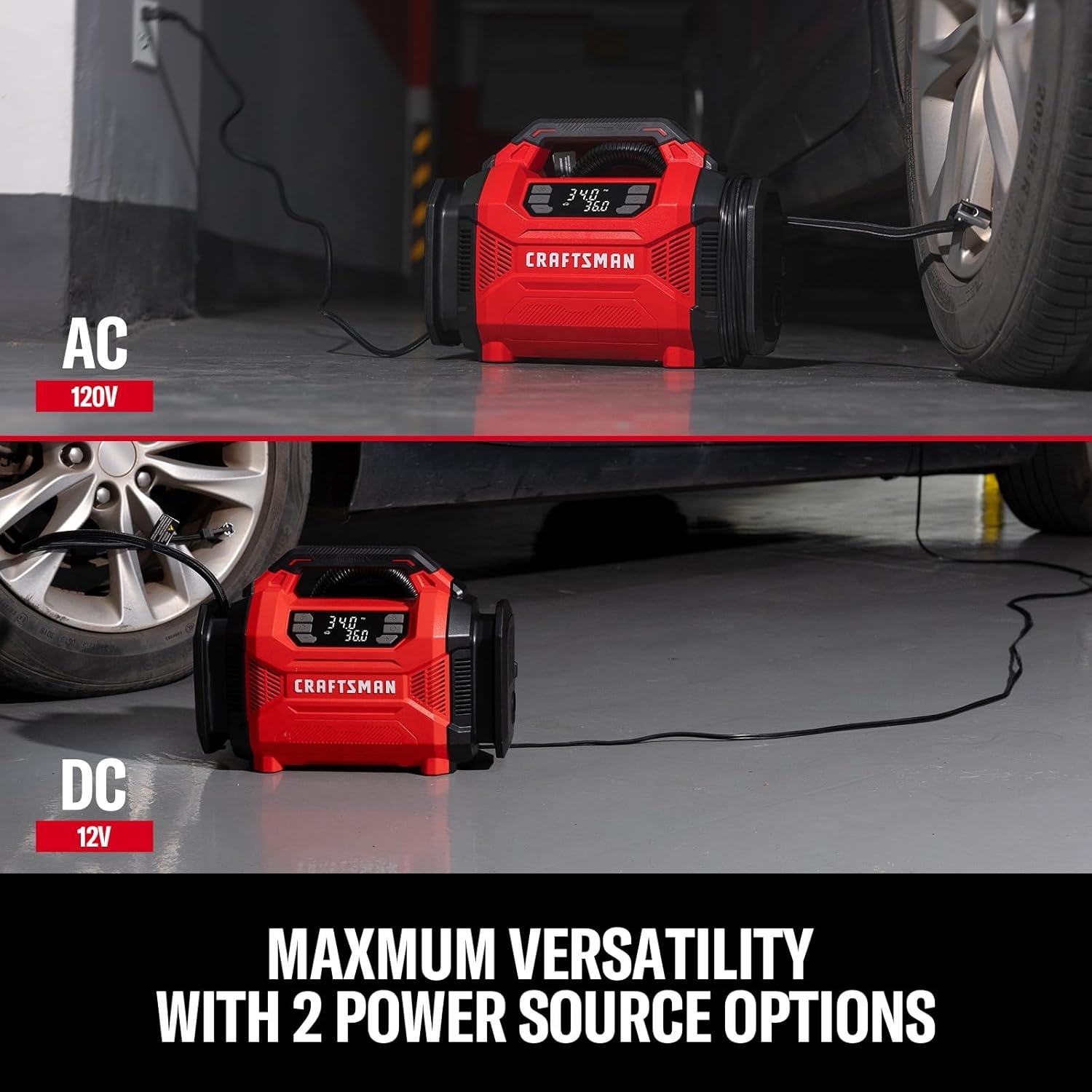 image:imageCRAFTSMAN Dual Power Tire Inflator Portable Air Compressor 12V DC Car Plug amp 120V AC Home Use Up to 150 PSI with Digital Gauge amp Auto ShutOff LED Light Air Pump for Cars Bikes amp InflatablesDual Power