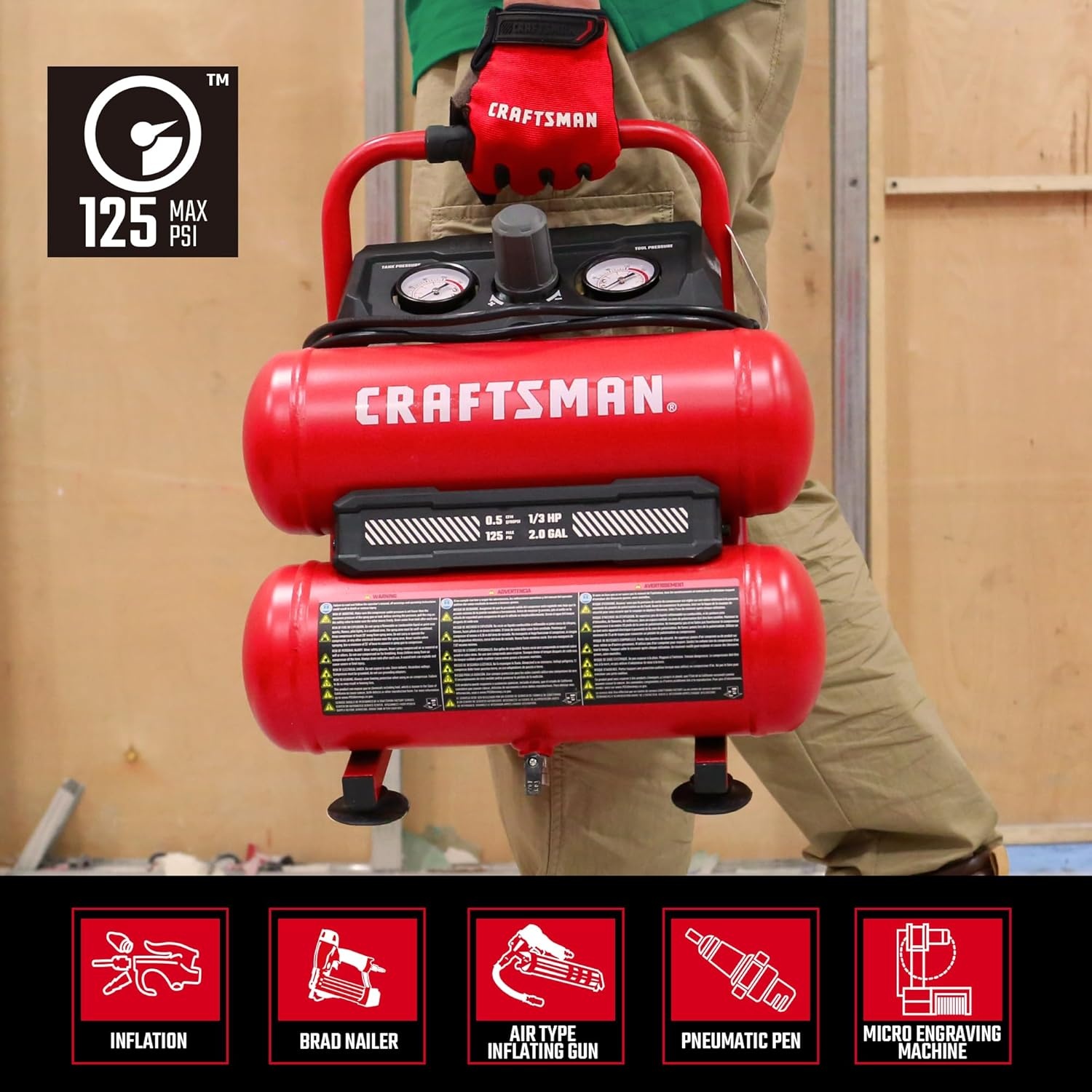 image:imageCraftsman 2Gallon Air Compressor 13 HP OilFree Twin Tank 125 PSI Max Portable amp Quiet Air Tool for Home DIY Tire Inflation Nailing amp Spray Painting Compact for Easy Storage