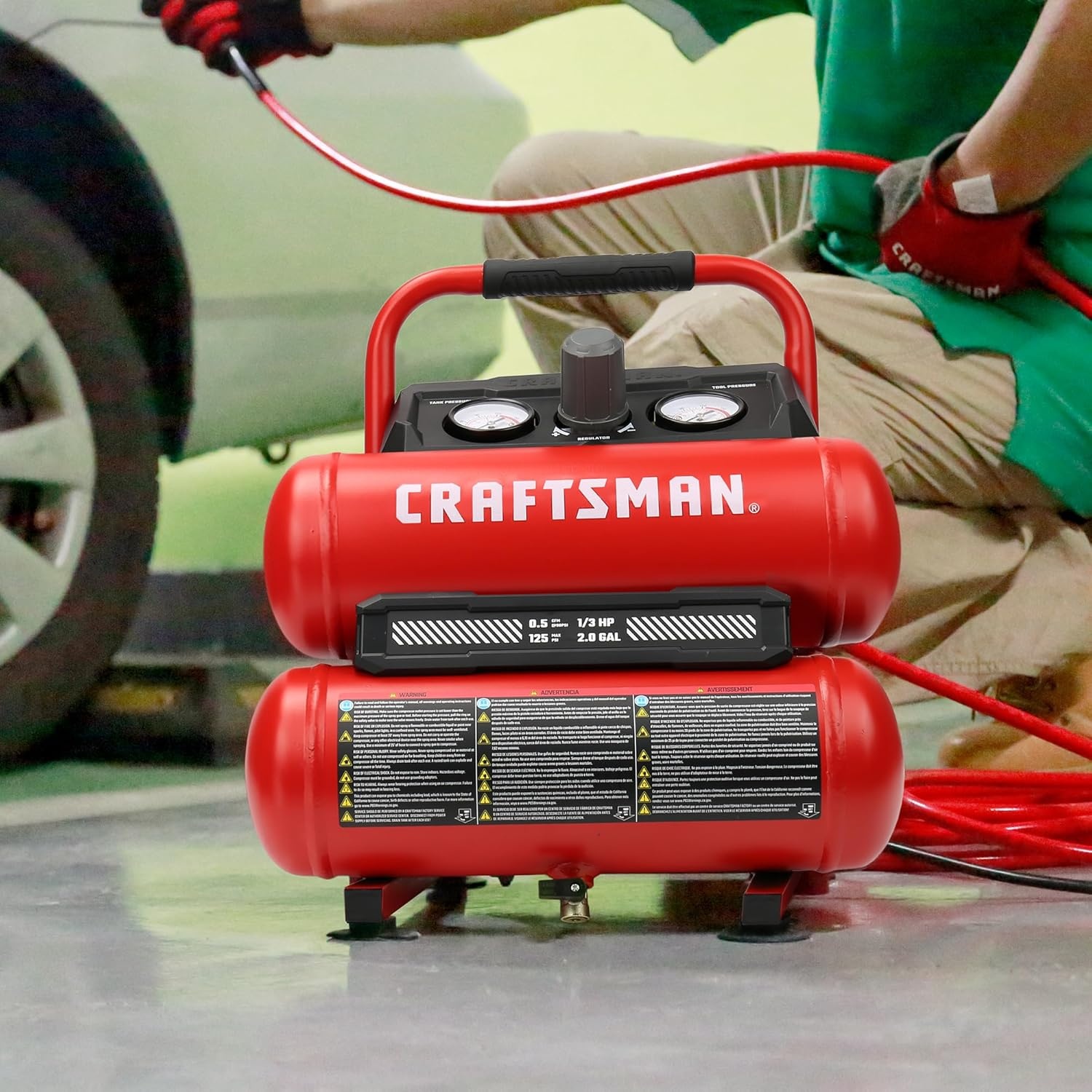 image:imageCraftsman 2Gallon Air Compressor 13 HP OilFree Twin Tank 125 PSI Max Portable amp Quiet Air Tool for Home DIY Tire Inflation Nailing amp Spray Painting Compact for Easy Storage