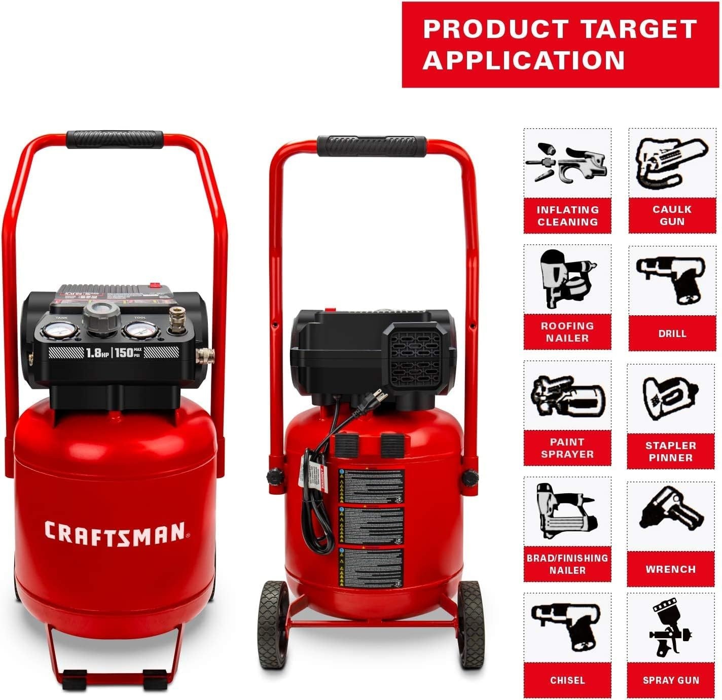 image:imageCraftsman Air Compressor 10 Gallon Peak 18 HP Max 150 PSI 40CFM90PSI 50 CFM40PSI Oilfree Portable Air Compressor with Wheel 120V Model CMXECXA0331042