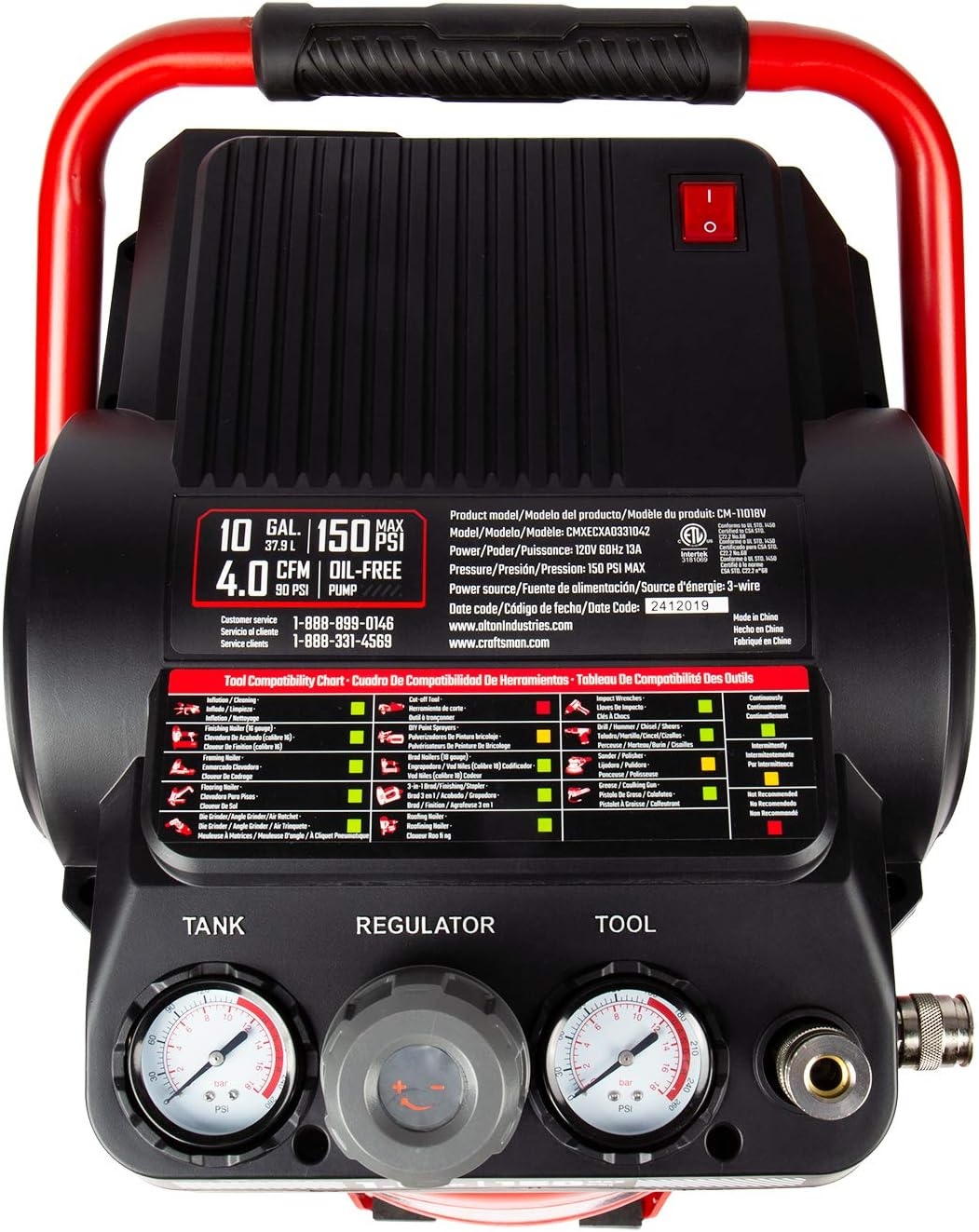 image:imageCraftsman Air Compressor 10 Gallon Peak 18 HP Max 150 PSI 40CFM90PSI 50 CFM40PSI Oilfree Portable Air Compressor with Wheel 120V Model CMXECXA0331042