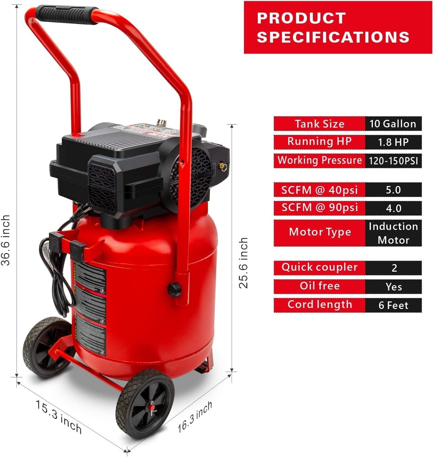 image:imageCraftsman Air Compressor 10 Gallon Peak 18 HP Max 150 PSI 40CFM90PSI 50 CFM40PSI Oilfree Portable Air Compressor with Wheel 120V Model CMXECXA0331042