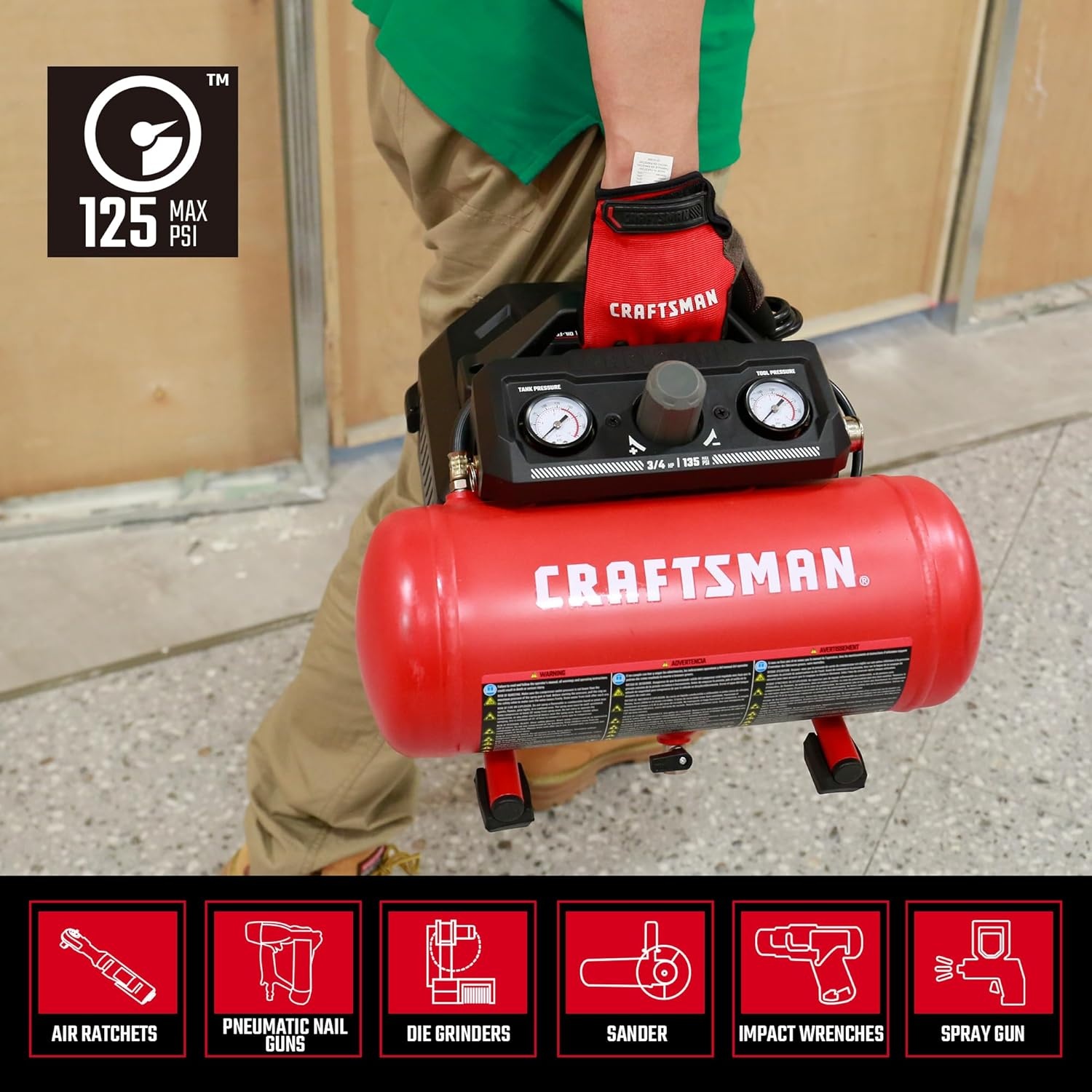 image:imageCraftsman Air Compressor 15 Gallon Portable 34 HP 15 CFM90PSI Max 125 PSI Oil Free Lightweight Air Compressor for DIY Workshop Small Project