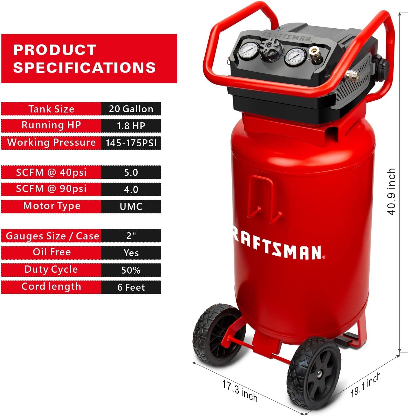 image:imageCraftsman Air Compressor 20 Gallon OilFree 18 HP Max 175 PSI Pressure Two Quick Couplers Big Capacity Red CMXECXA0232043Air Compressor