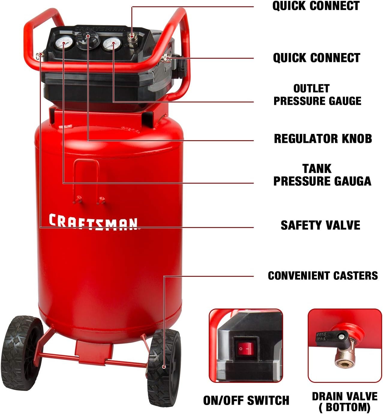 image:imageCraftsman Air Compressor 20 Gallon OilFree 18 HP Max 175 PSI Pressure Two Quick Couplers Big Capacity Red CMXECXA0232043Air Compressor