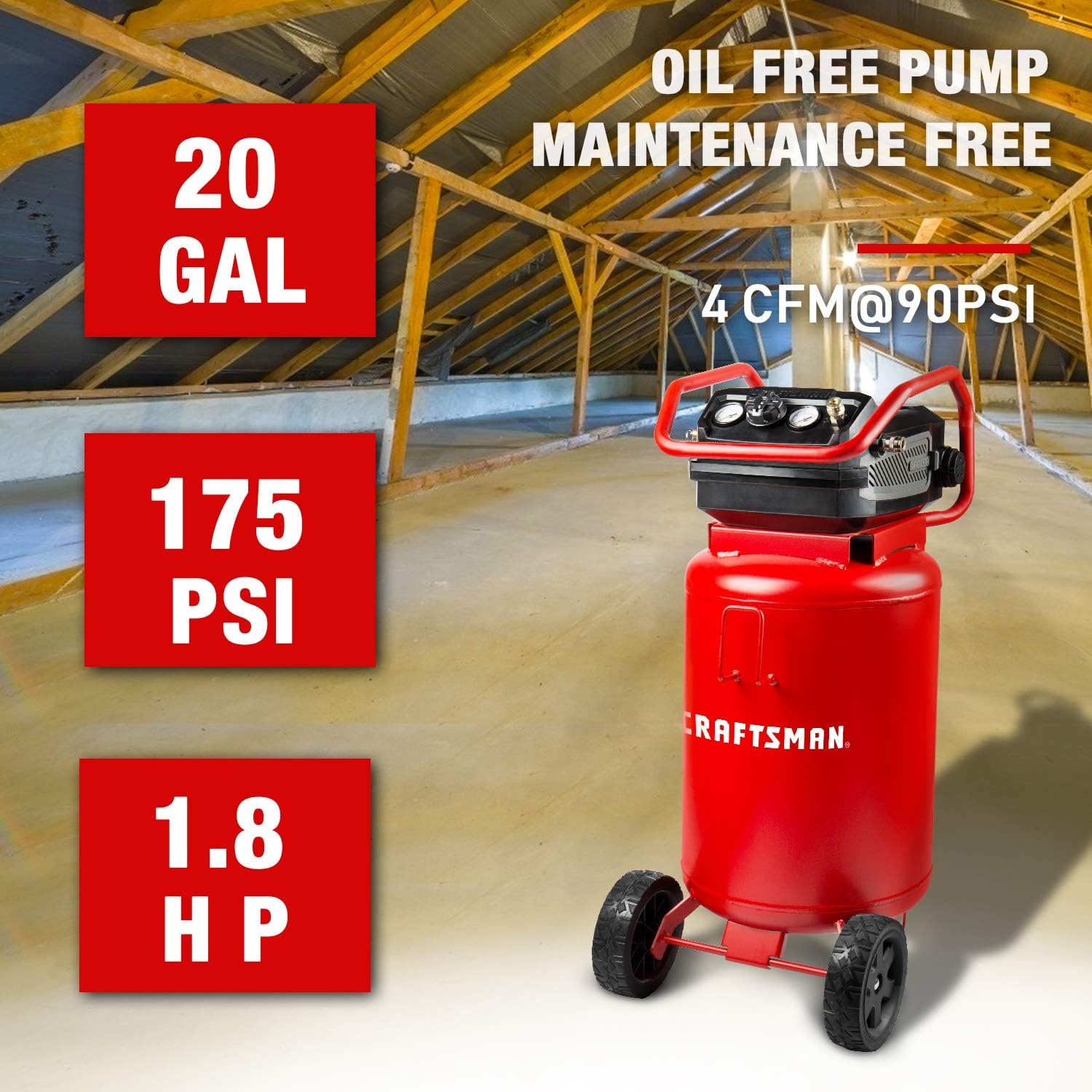 image:imageCraftsman Air Compressor 20 Gallon OilFree 18 HP Max 175 PSI Pressure Two Quick Couplers Big Capacity Red CMXECXA0232043Air Compressor