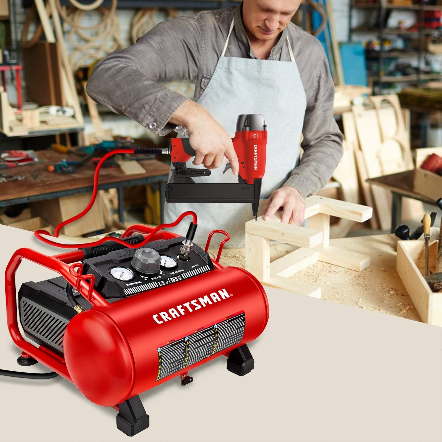 image:imageCraftsman Air Compressor 3 Gallon Portable Hotdog Air Compressor Max 155 PSI 26 CFM90psi OilFree Electric Workshop Air Compressors CMXECXA0200341