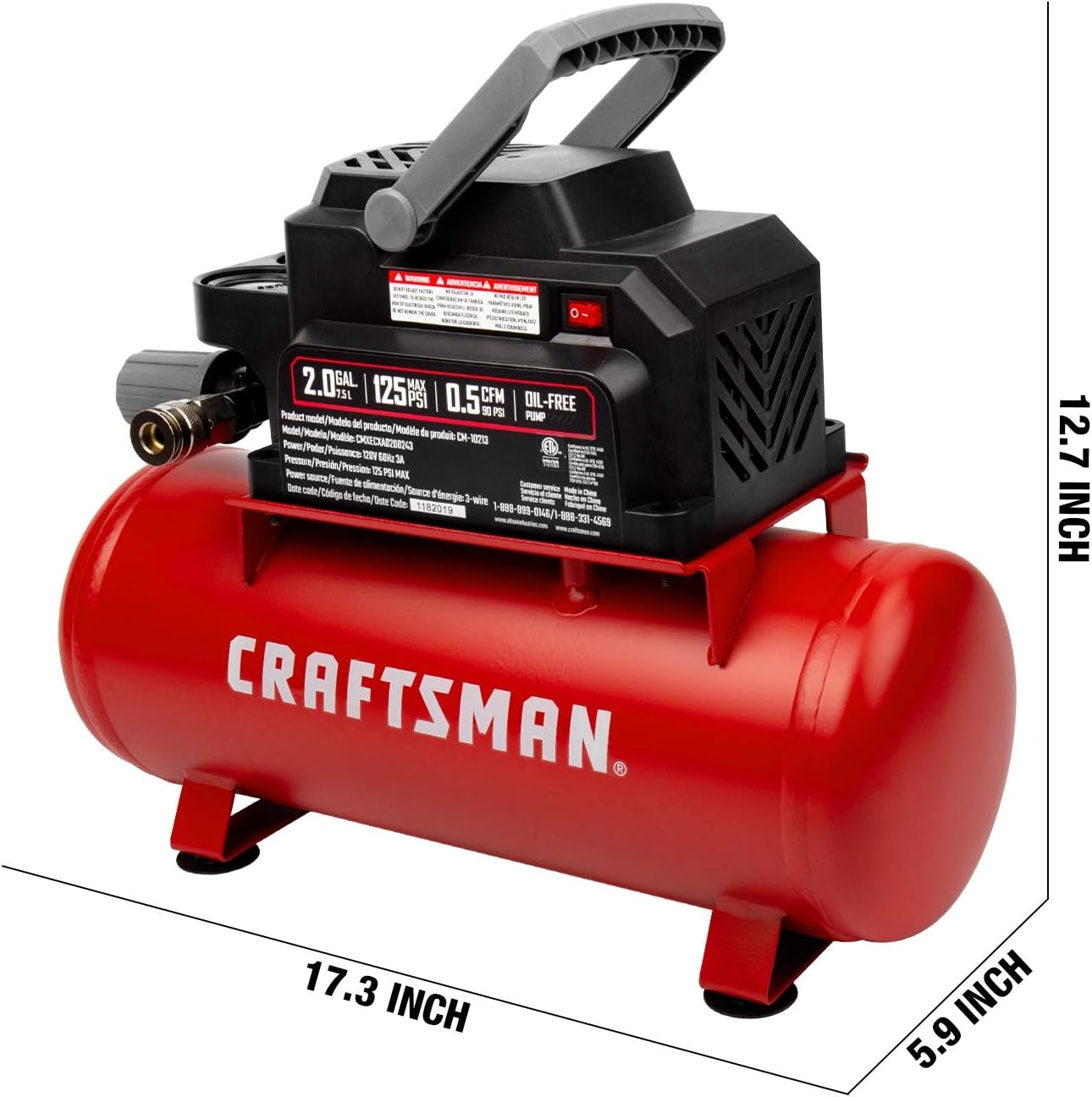 image:imageCraftsman Air Tools 2 Gallon Portable Air Compressor 13 HP OilFree Max 125 PSI Pressure Hot Dog Model CMXECXA0200243
