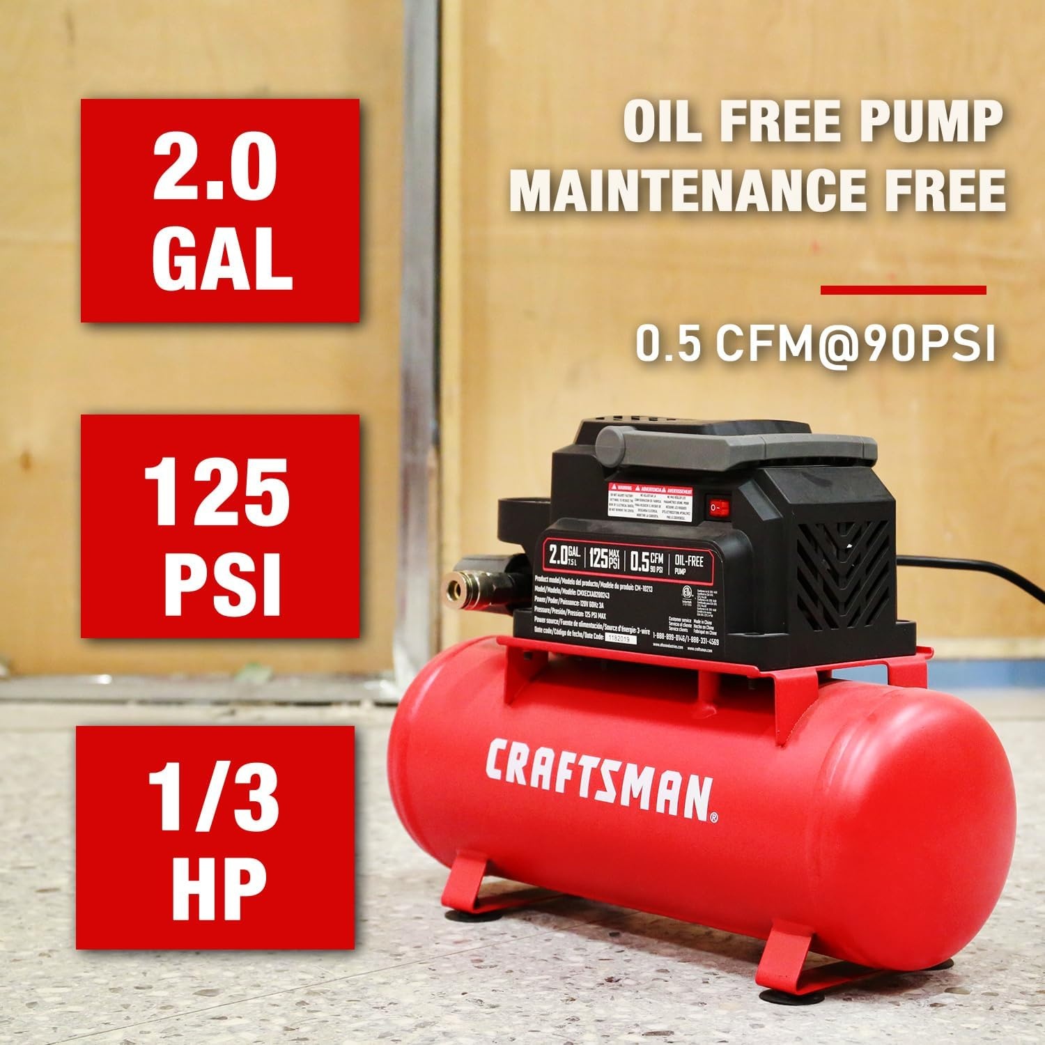 image:imageCraftsman Air Tools 2 Gallon Portable Air Compressor 13 HP OilFree Max 125 PSI Pressure Hot Dog Model CMXECXA0200243