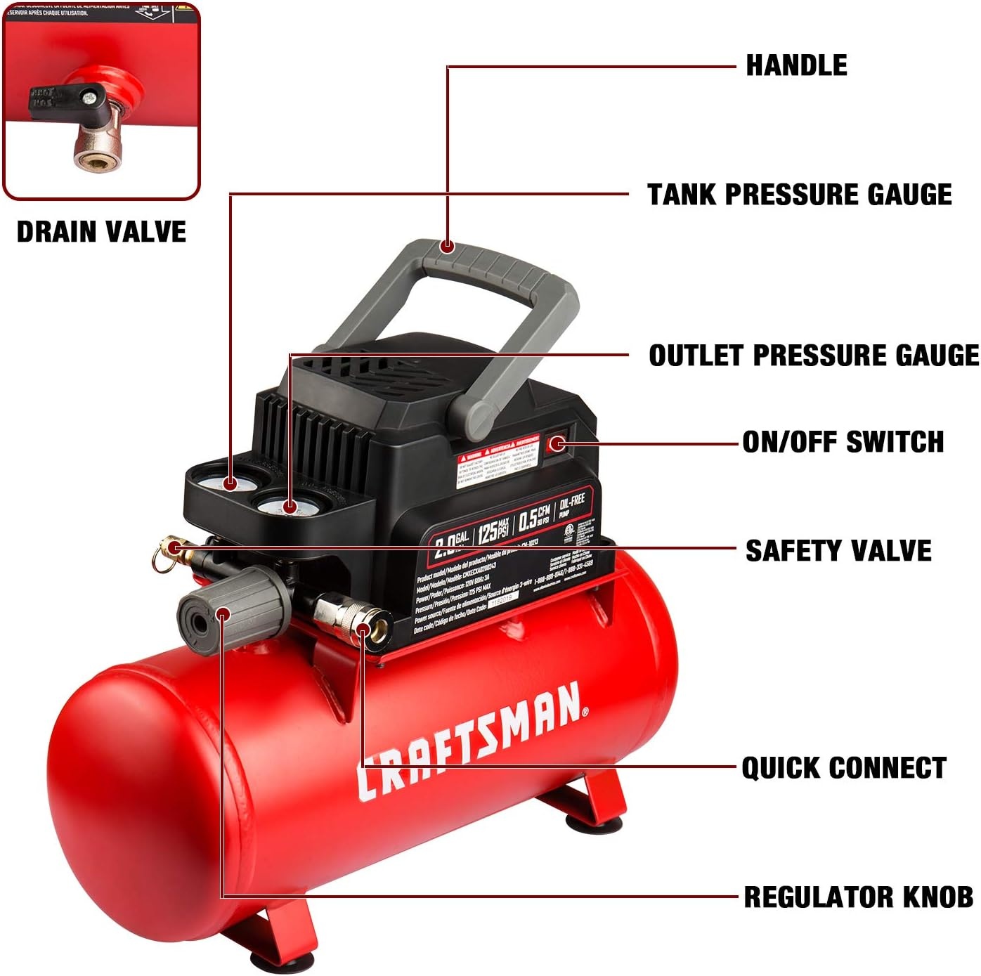 image:imageCraftsman Air Tools 2 Gallon Portable Air Compressor 13 HP OilFree Max 125 PSI Pressure Hot Dog Model CMXECXA0200243