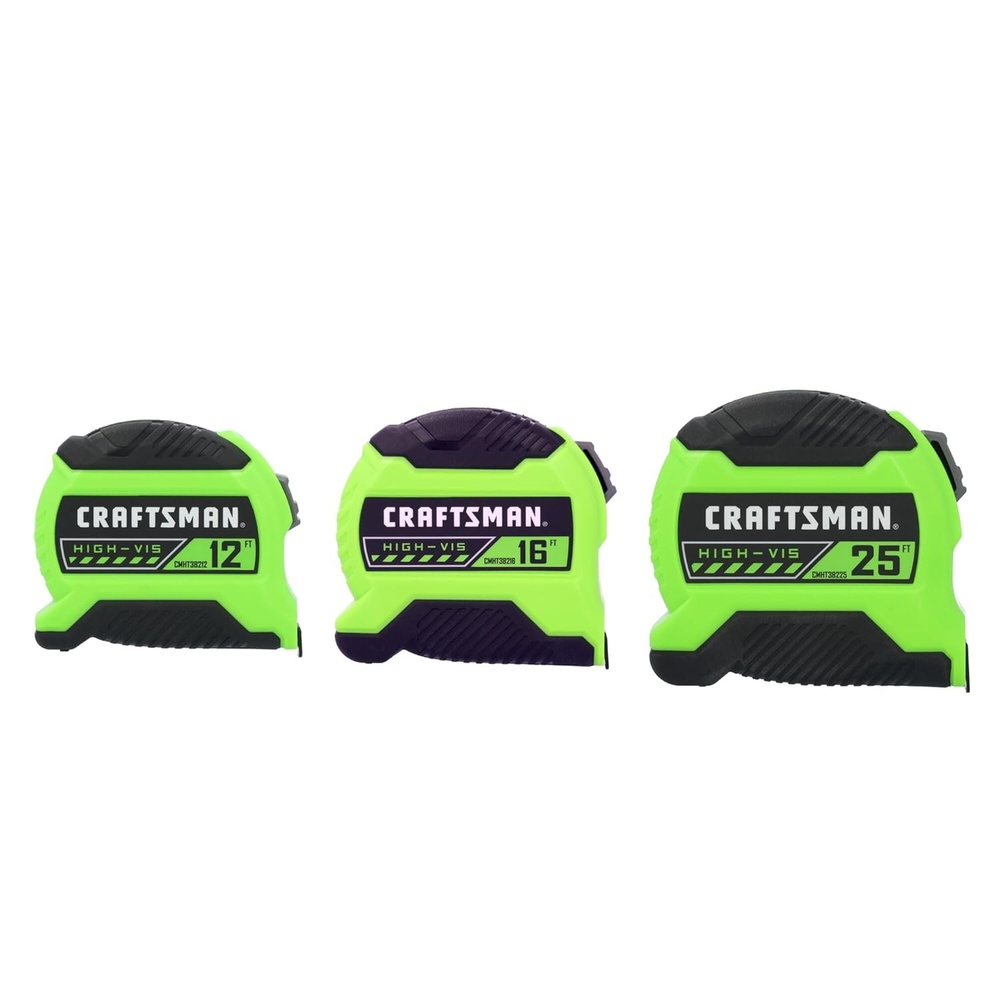 image:imageCRAFTSMAN HiViz 3 Pack 12 ft 16 ft and 25 ft Tape Measure Ergonomic Grip Durable Blade CMHT38333S