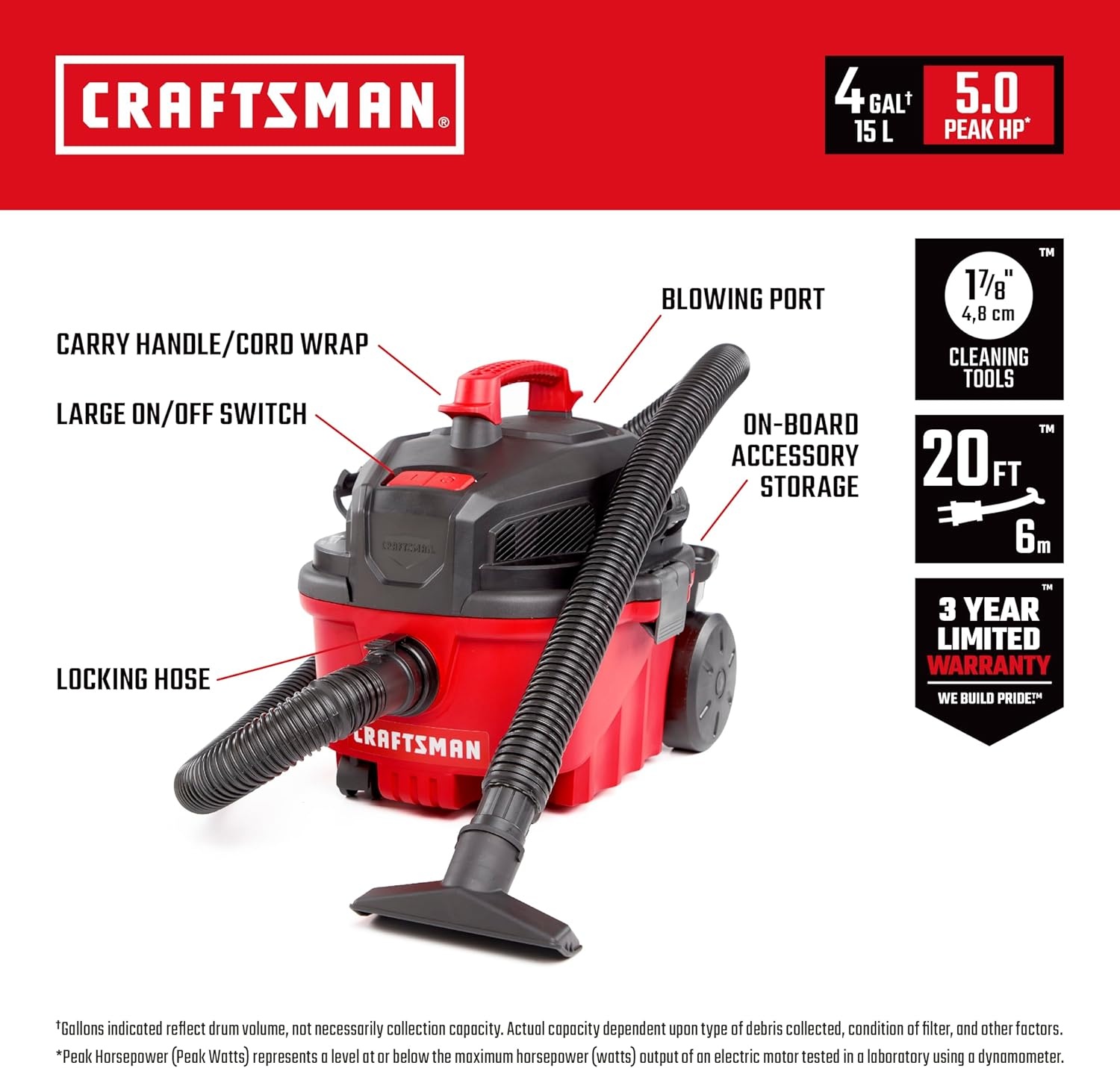 image:imageCRAFTSMAN CMXEVBE17040 4 Gallon 50 Peak HP Wet Dry Vac Portable Shop Vacuum Wet and Dry with 2 General Dirt Filters Hose and Attachments for Home and Automotive Cleaning