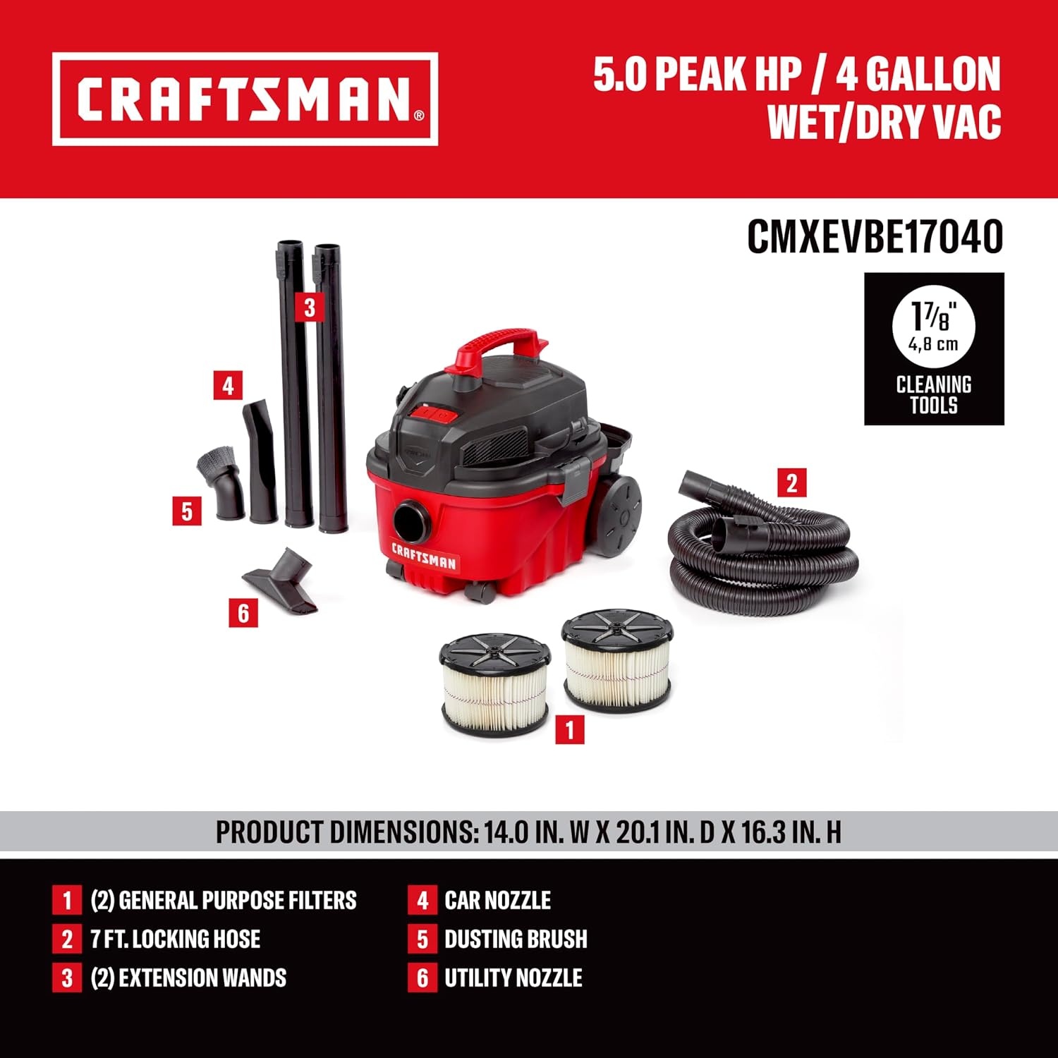 image:imageCRAFTSMAN CMXEVBE17040 4 Gallon 50 Peak HP Wet Dry Vac Portable Shop Vacuum Wet and Dry with 2 General Dirt Filters Hose and Attachments for Home and Automotive Cleaning