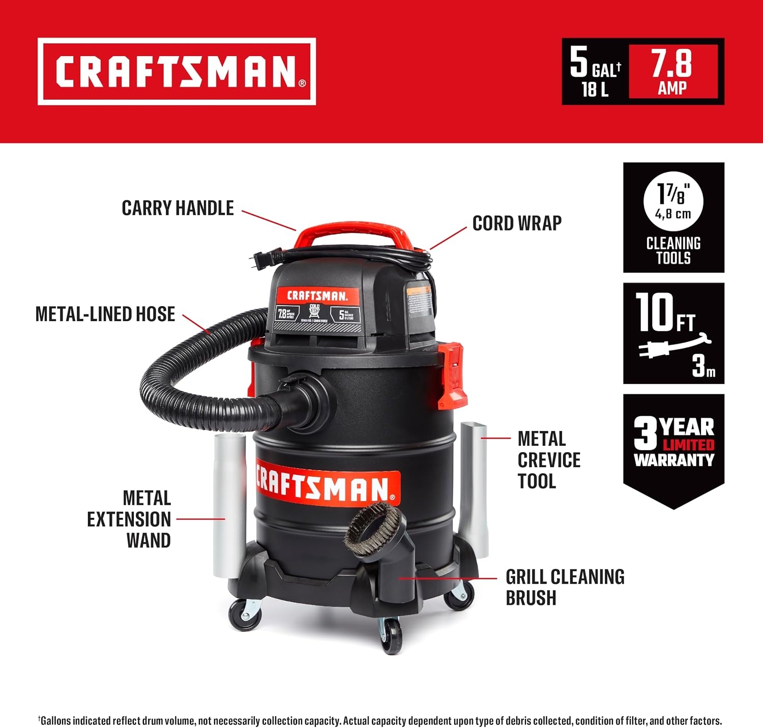 image:imageCRAFTSMAN CMXEVBE17050 5 Gallon 78 Amp Ash and Grilling Vacuum  Portable Dry Only Shop Vacuum with Drum Filter Cartridge Filter Hose and Attachments for CoolDry Ash Cleaning