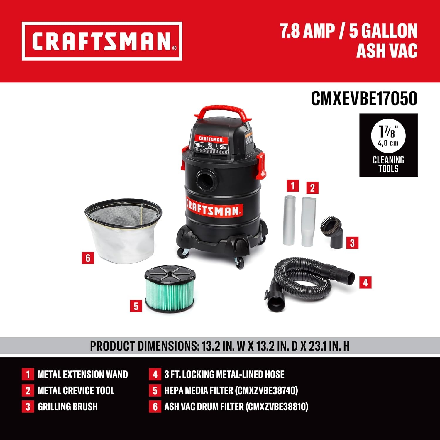 image:imageCRAFTSMAN CMXEVBE17050 5 Gallon 78 Amp Ash and Grilling Vacuum  Portable Dry Only Shop Vacuum with Drum Filter Cartridge Filter Hose and Attachments for CoolDry Ash Cleaning