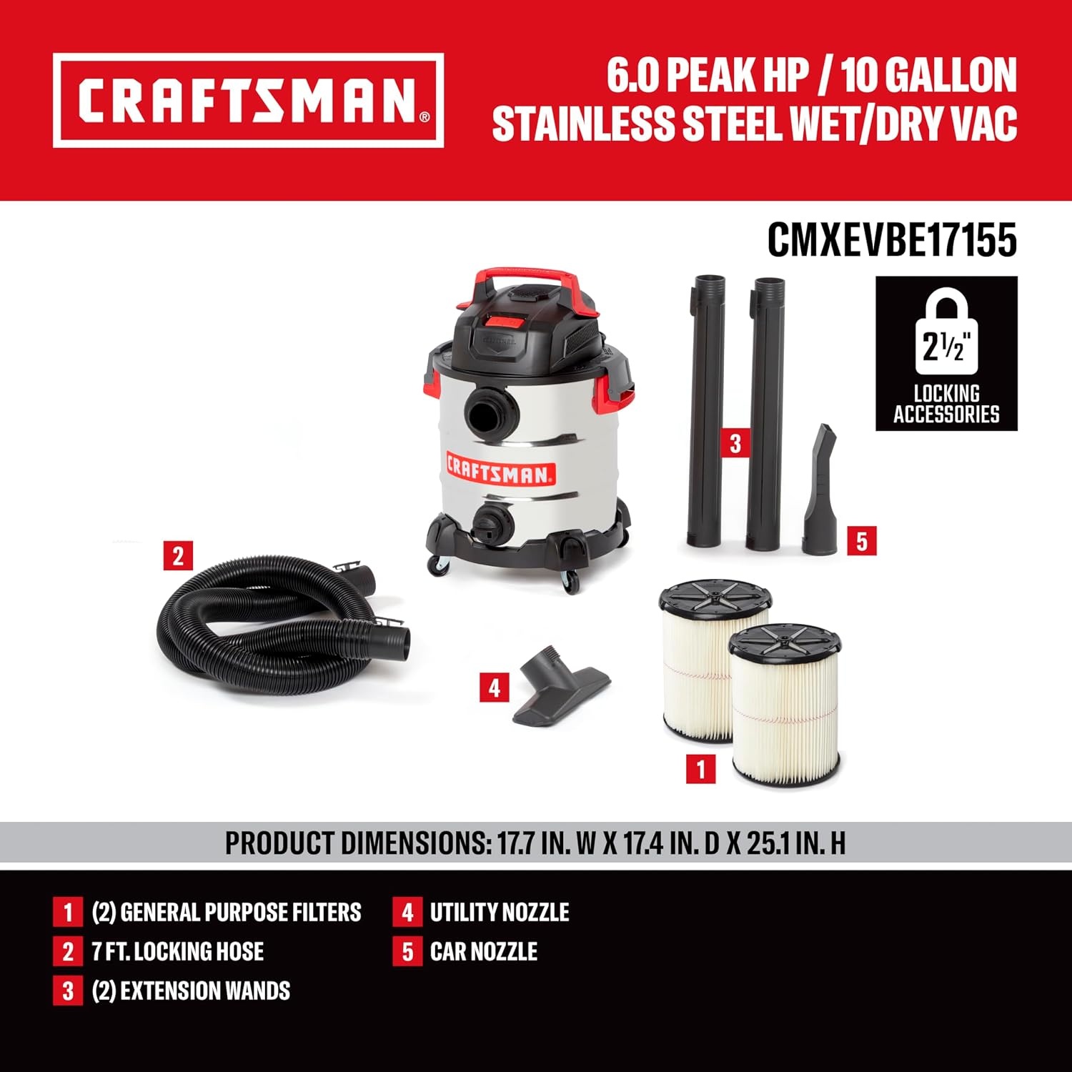 image:imageCRAFTSMAN CMXEVBE17155 10 Gallon 60 Peak HP Stainless Steel Wet Dry Vac Portable Shop Vacuum Wet and Dry with 2 Filters Hose and Attachments for Home and Garage Use