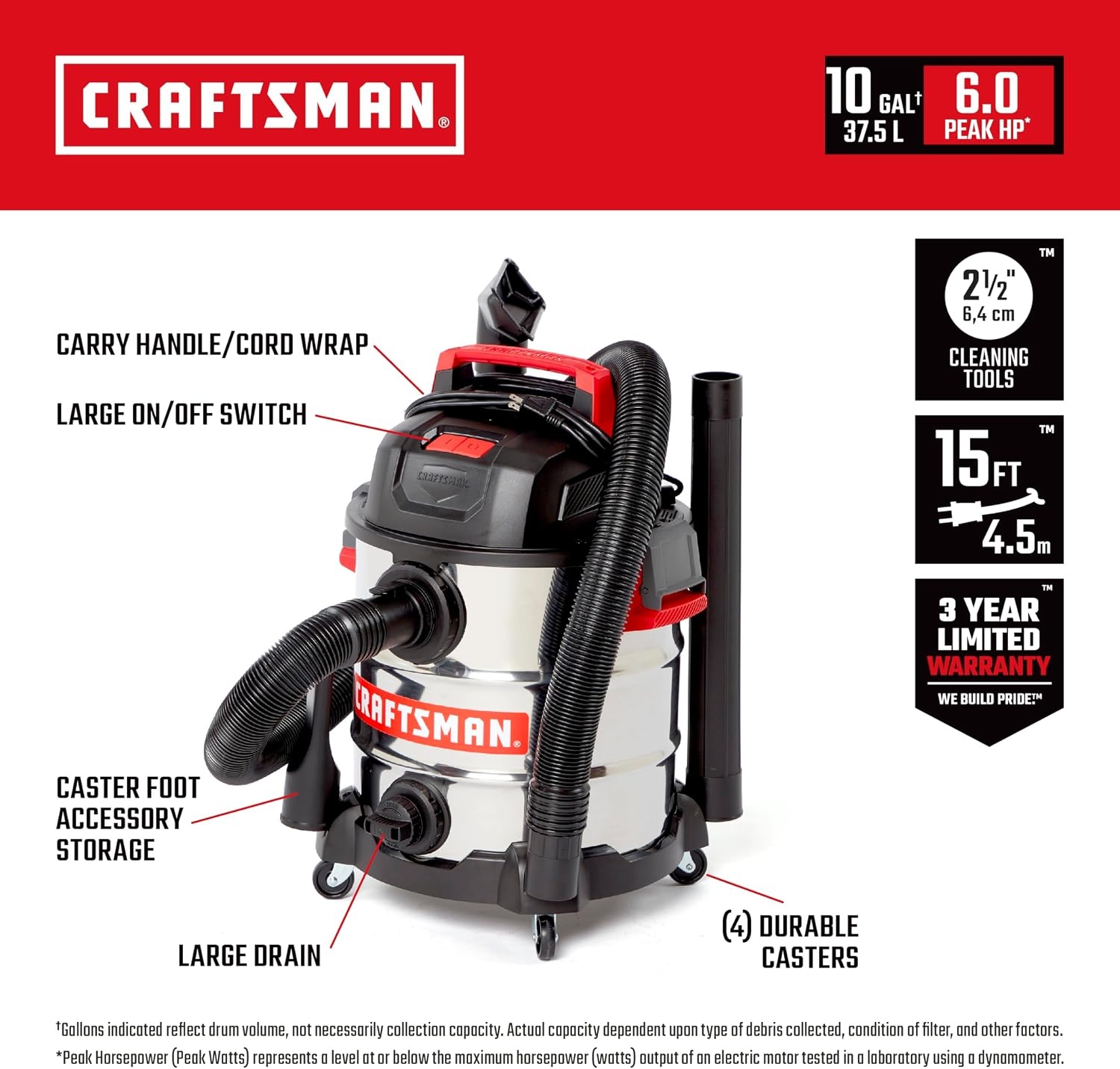 image:imageCRAFTSMAN CMXEVBE17155 10 Gallon 60 Peak HP Stainless Steel Wet Dry Vac Portable Shop Vacuum Wet and Dry with 2 Filters Hose and Attachments for Home and Garage Use