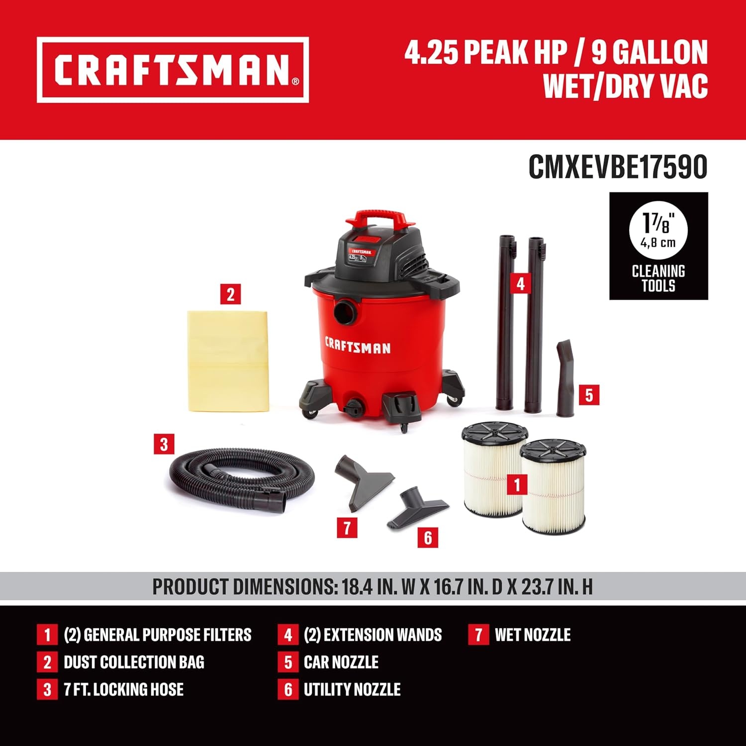 image:imageCRAFTSMAN CMXEVBE17590 9 Gallon 425 Peak HP Wet Dry Vac Portable Shop Vacuum Wet and Dry with 2 Filters Dust Bag Hose and Attachments for Home Garage and Automotive Cleaning