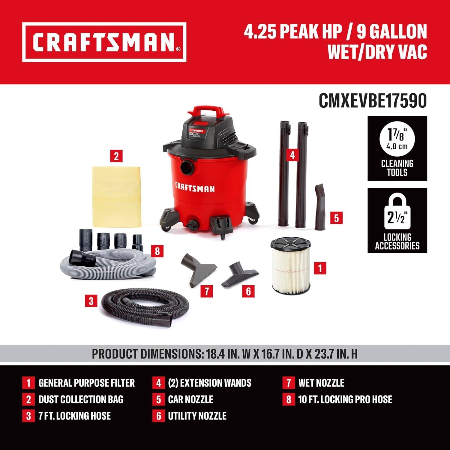 image:imageCRAFTSMAN CMXEVBE17590 9 Gallon 425 Peak HP Wet Dry Vac Portable Shop Vacuum Wet and Dry with Filter Dust Bag Standard Hose Pro Hose and Attachments for Home Garage and Automotive Cleaning