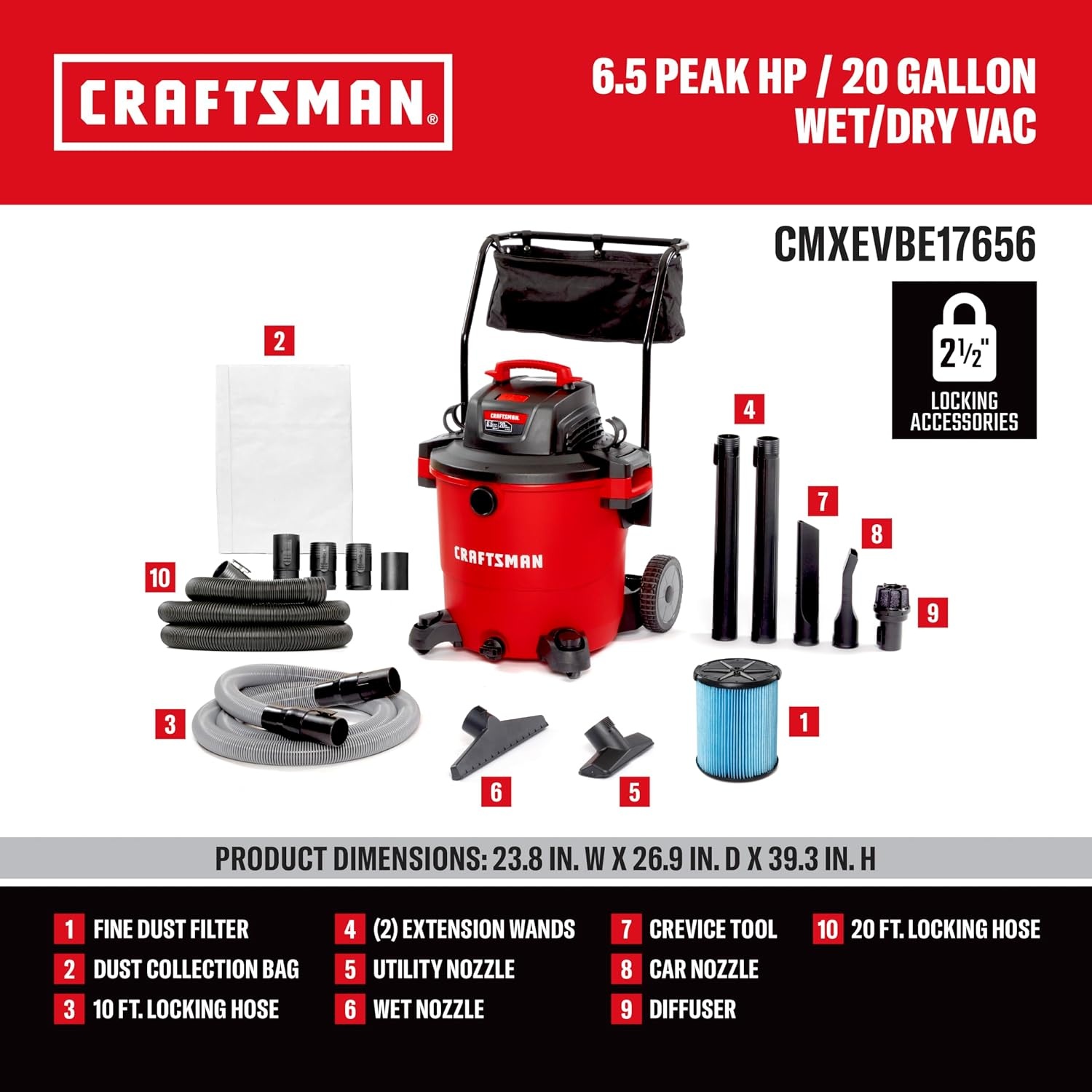 image:imageCRAFTSMAN CMXEVBE17594 12 Gallon 60 Peak HP Wet Dry Vac Portable Shop Vacuum Wet and Dry with 3 Filters Dust Bag Hose and Attachments for Home Projects amp Renovations