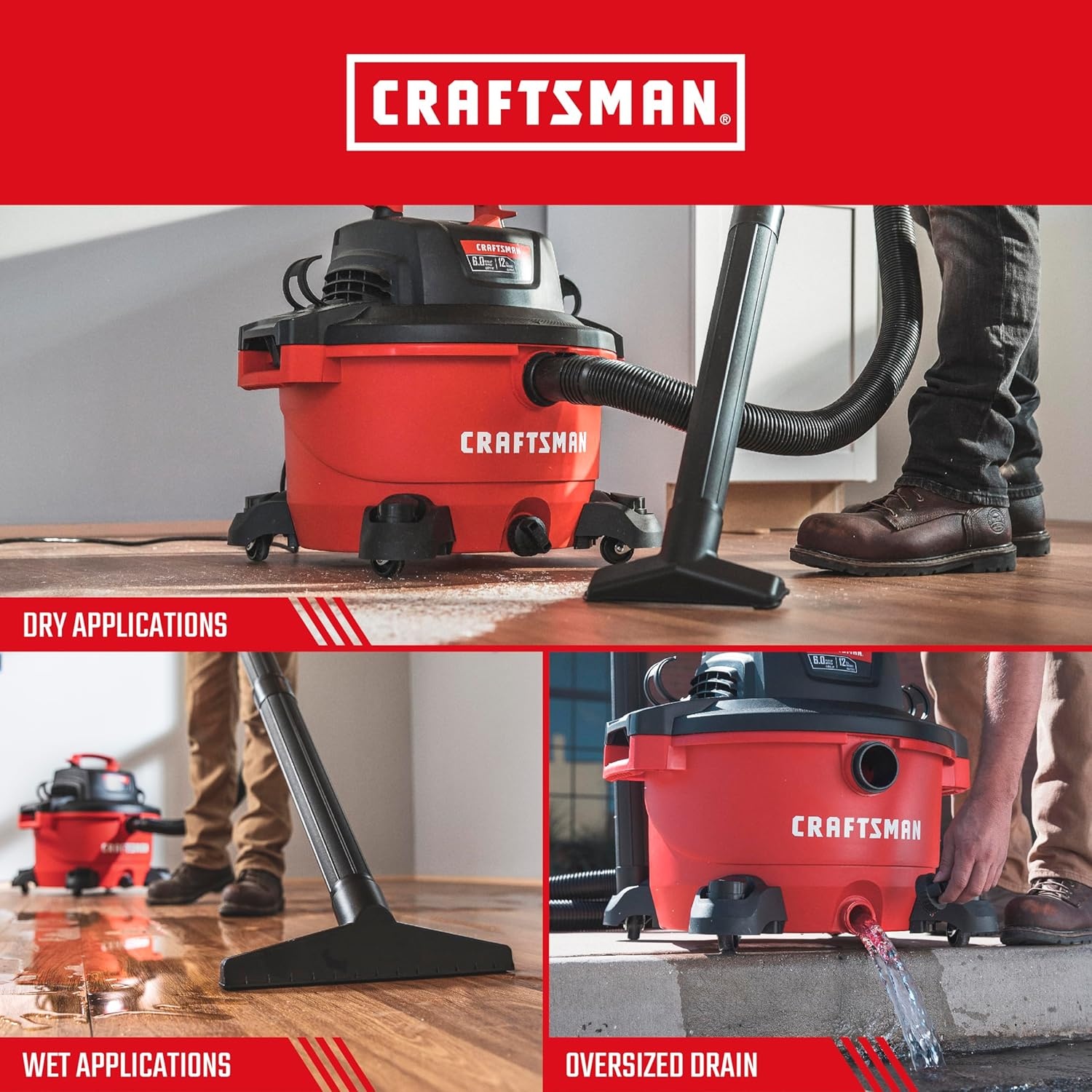 image:imageCRAFTSMAN CMXEVBE17594 12 Gallon 60 Peak HP Wet Dry Vac Portable Shop Vacuum Wet and Dry with Filter Dust Bag Hose Dusting Brush and Attachments for Home Projects amp Renovations