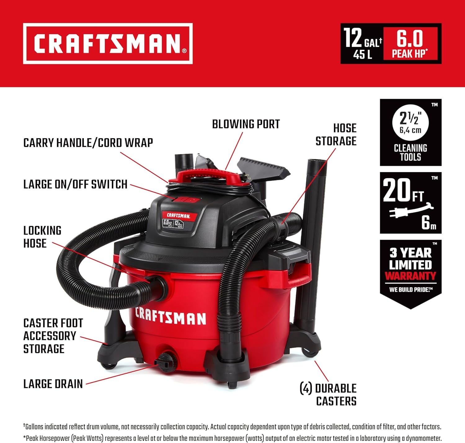 image:imageCRAFTSMAN CMXEVBE17594 12 Gallon 60 Peak HP Wet Dry Vac Portable Shop Vacuum Wet and Dry with Filter Dust Bag Hose Dusting Brush and Attachments for Home Projects amp Renovations