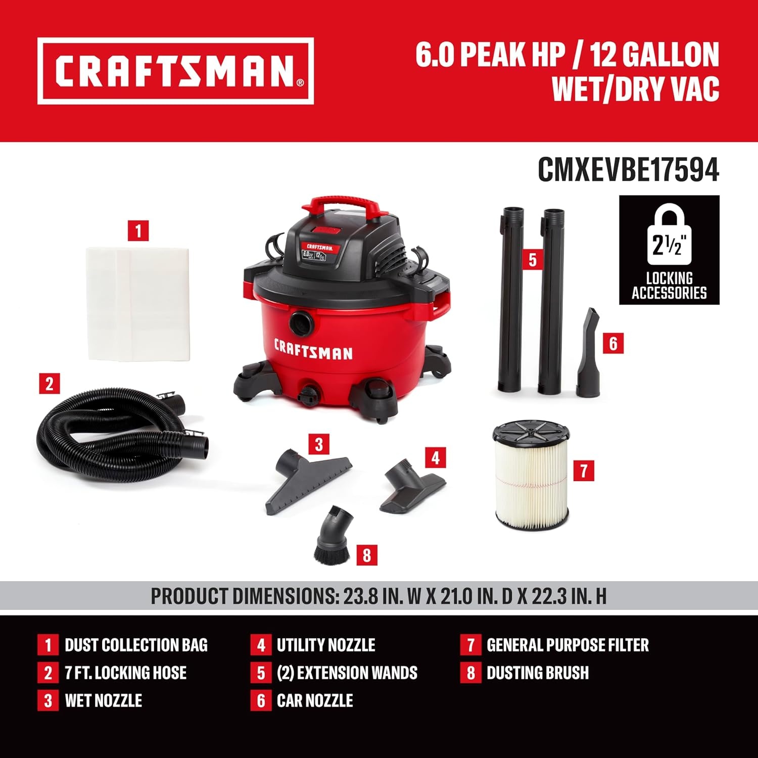 image:imageCRAFTSMAN CMXEVBE17594 12 Gallon 60 Peak HP Wet Dry Vac Portable Shop Vacuum Wet and Dry with Filter Dust Bag Hose Dusting Brush and Attachments for Home Projects amp Renovations