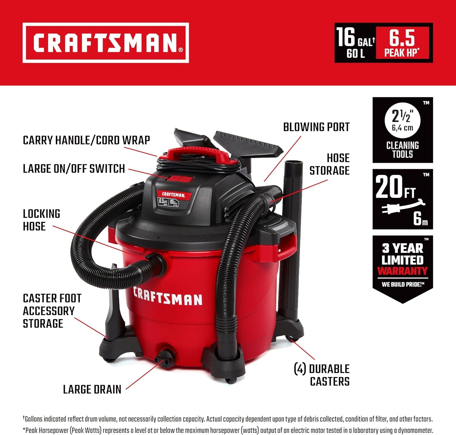 image:imageCRAFTSMAN CMXEVBE17595 16 Gallon 65 Peak HP Wet Dry Vac HeavyDuty Shop Vacuum Wet and Dry with 2 Filters Dust Bag Hose and Attachments for Home Projects amp Renovations