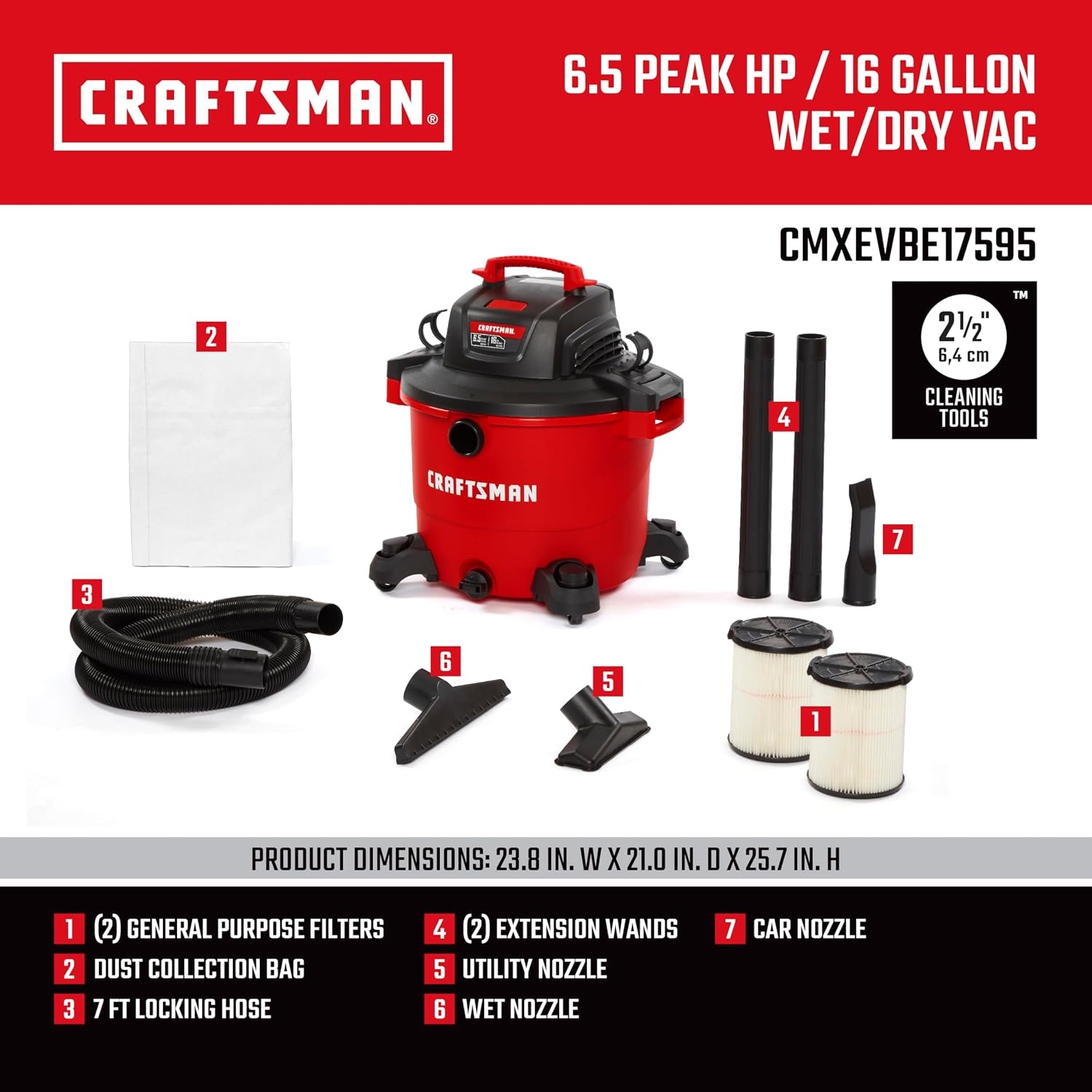 image:imageCRAFTSMAN CMXEVBE17595 16 Gallon 65 Peak HP Wet Dry Vac HeavyDuty Shop Vacuum Wet and Dry with 2 Filters Dust Bag Hose and Attachments for Home Projects amp Renovations