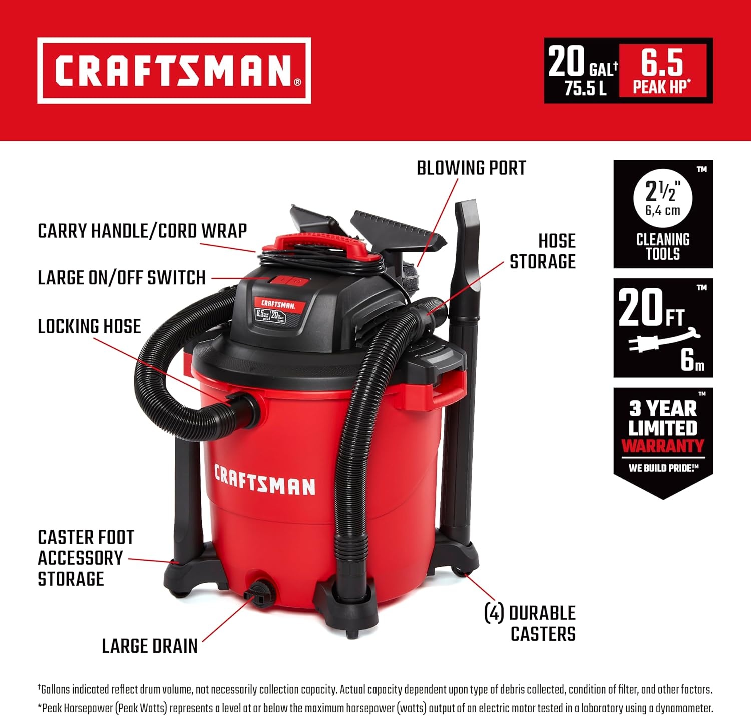 image:imageCRAFTSMAN CMXEVBE17596 20 Gallon 65 Peak HP Wet Dry Vac HeavyDuty Shop Vacuum Wet and Dry with 2 Filters Dust Bag Hose and Attachments for Shop Garage Jobsite Cleaning