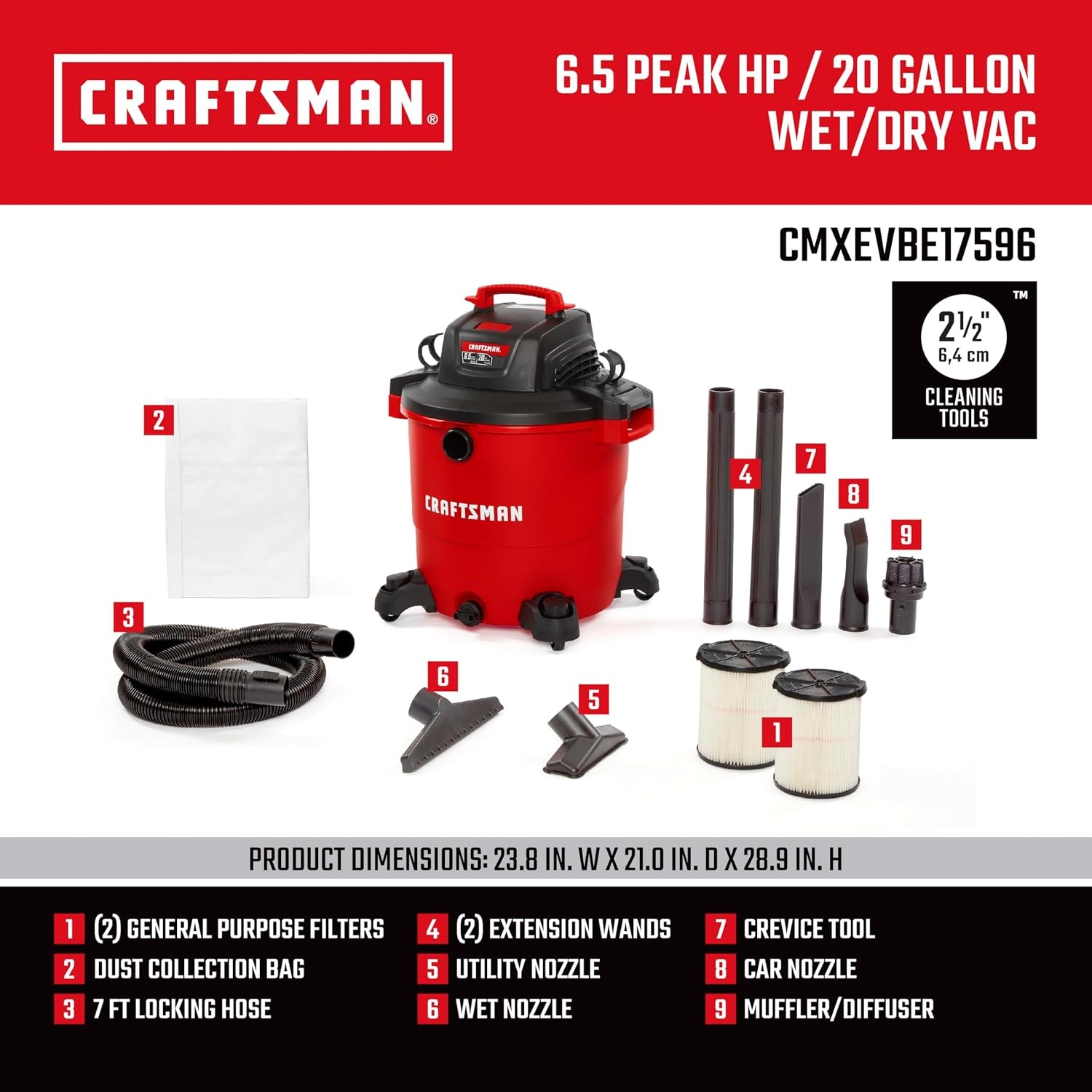 image:imageCRAFTSMAN CMXEVBE17596 20 Gallon 65 Peak HP Wet Dry Vac HeavyDuty Shop Vacuum Wet and Dry with 2 Filters Dust Bag Hose and Attachments for Shop Garage Jobsite Cleaning