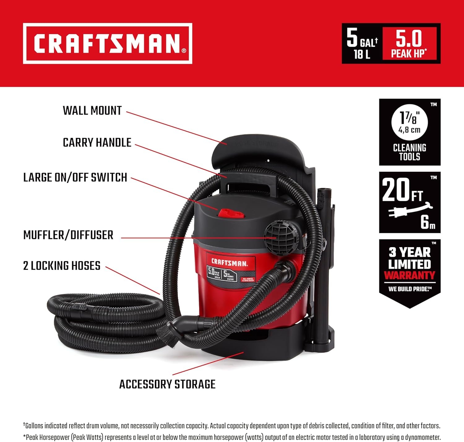 image:imageCRAFTSMAN CMXEVBE17925 5 Gallon 50 Peak HP Wet Dry Vac Portable and WallMountable Shop Vacuum with 2 Filters 2 Hoses and Attachments for Garage and Automotive Cleaning