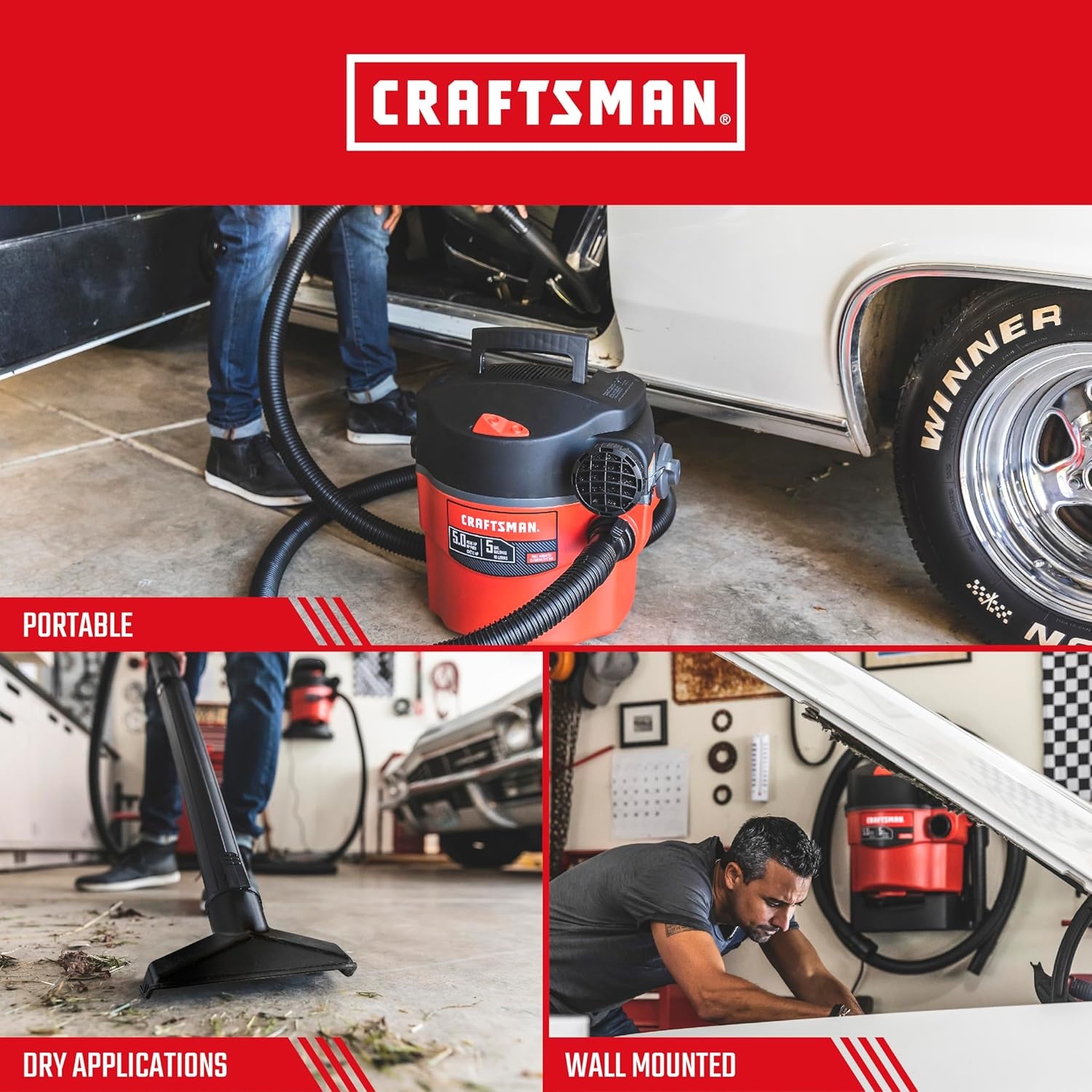 image:imageCRAFTSMAN CMXEVBE17925 5 Gallon 50 Peak HP Wet Dry Vac Portable and WallMountable Shop Vacuum with 2 Filters 2 Hoses and Attachments for Garage and Automotive Cleaning
