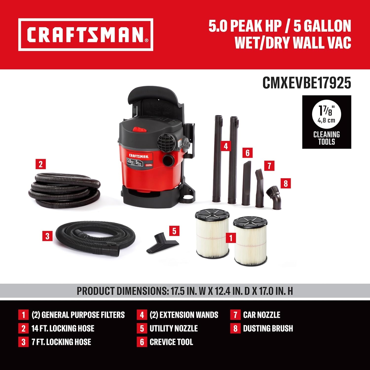 image:imageCRAFTSMAN CMXEVBE17925 5 Gallon 50 Peak HP Wet Dry Vac Portable and WallMountable Shop Vacuum with 2 Filters 2 Hoses and Attachments for Garage and Automotive Cleaning