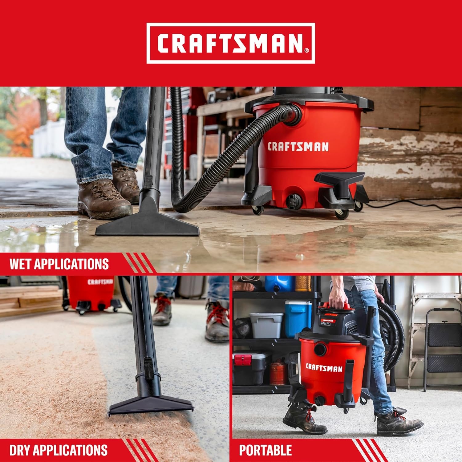 image:imageCRAFTSMAN CMXEVBE18590 9 Gallon 425 Peak HP Wet Dry Vac Portable Shop Vacuum Wet and Dry with 2 Filters 3 Dust Bags Hose and Attachments for Home Garage and Automotive Cleaning