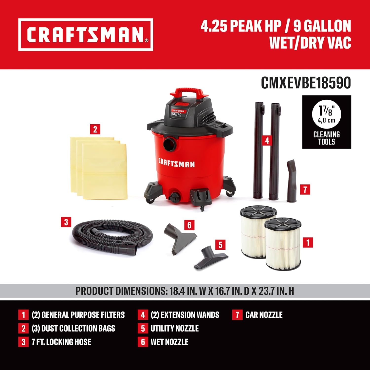 image:imageCRAFTSMAN CMXEVBE18590 9 Gallon 425 Peak HP Wet Dry Vac Portable Shop Vacuum Wet and Dry with 2 Filters 3 Dust Bags Hose and Attachments for Home Garage and Automotive Cleaning